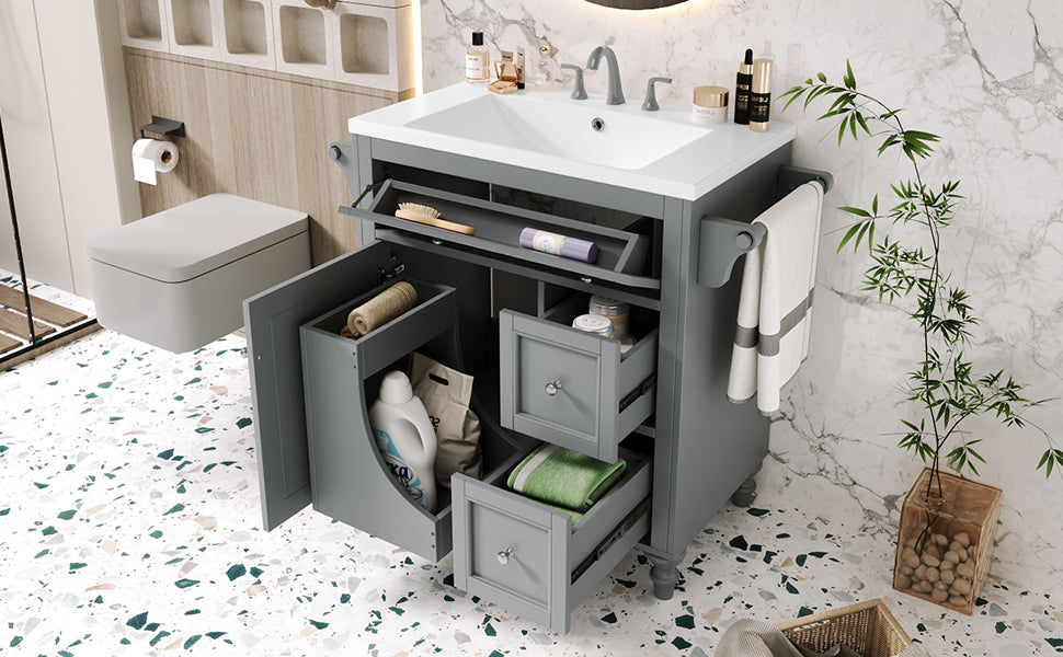 30'' Bathroom Vanity With Top Sink, Modern Bathroom Storage Cabinet With 2 Drawers And A Tip Out Drawer, Single Sink Bathroom Vanity Same As N710S130001E Grey Bathroom Modern Solid Wood Mdf Resin