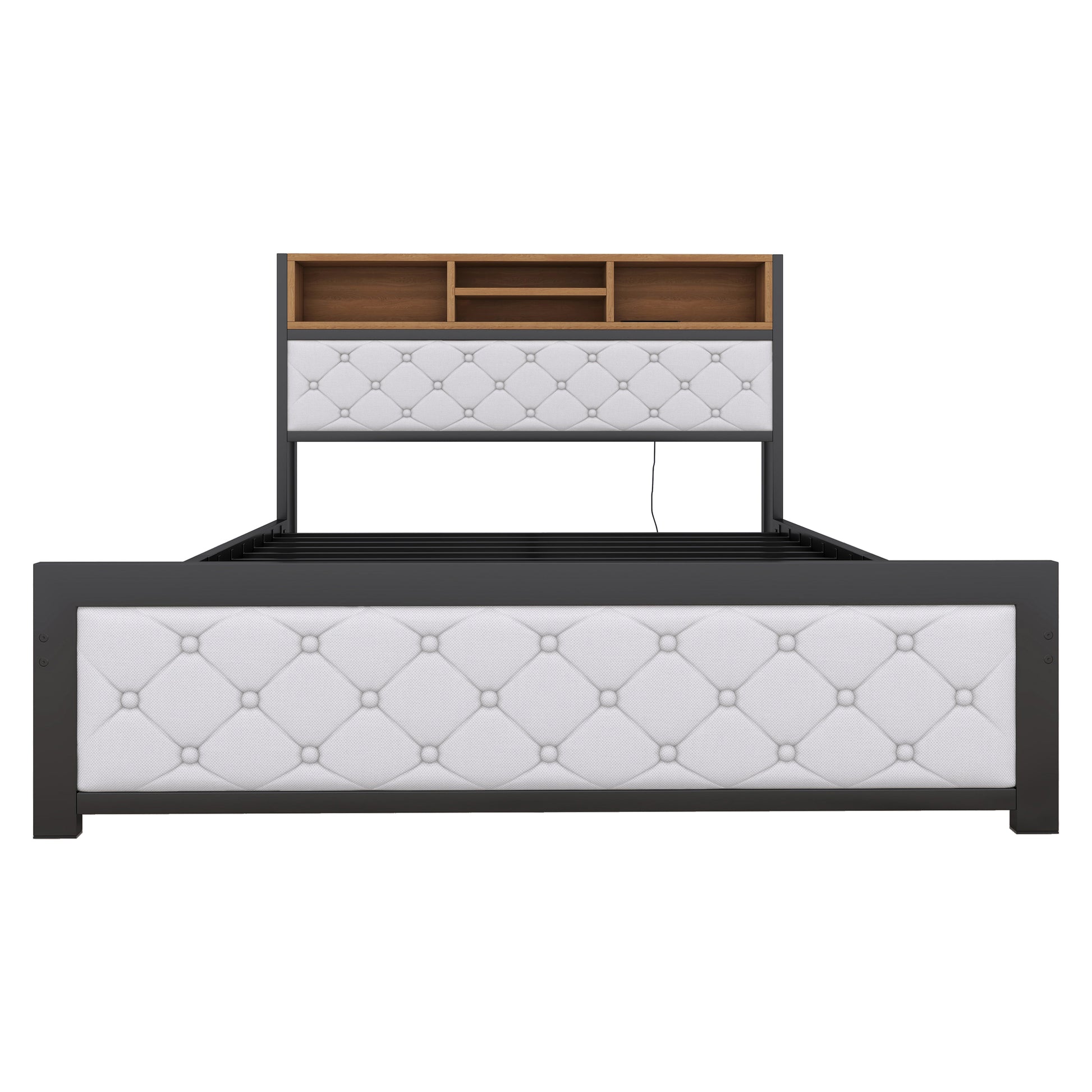 Metal Full Size Platform Bed With 4 Drawers, Upholstered Headboard And Footboard, Sockets And Usb Ports, White Full White Black Fabric Metal