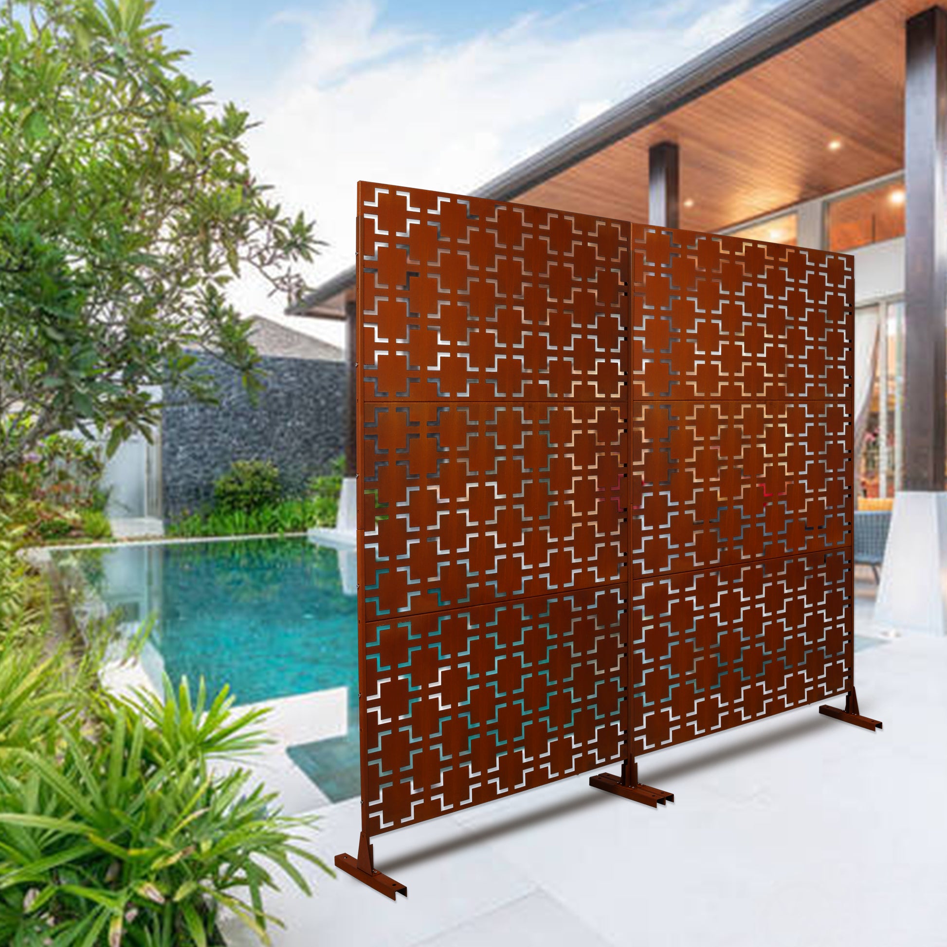 Outdoor & Indoor Privacy Screen Metal Privacy Screen 76" H 48" W, Freestanding Decorative Privacy Screen For Deck Balcony Patio, Privacy Fence Panels For Outside Lawn Garden Ps105 Rusty Rust Red