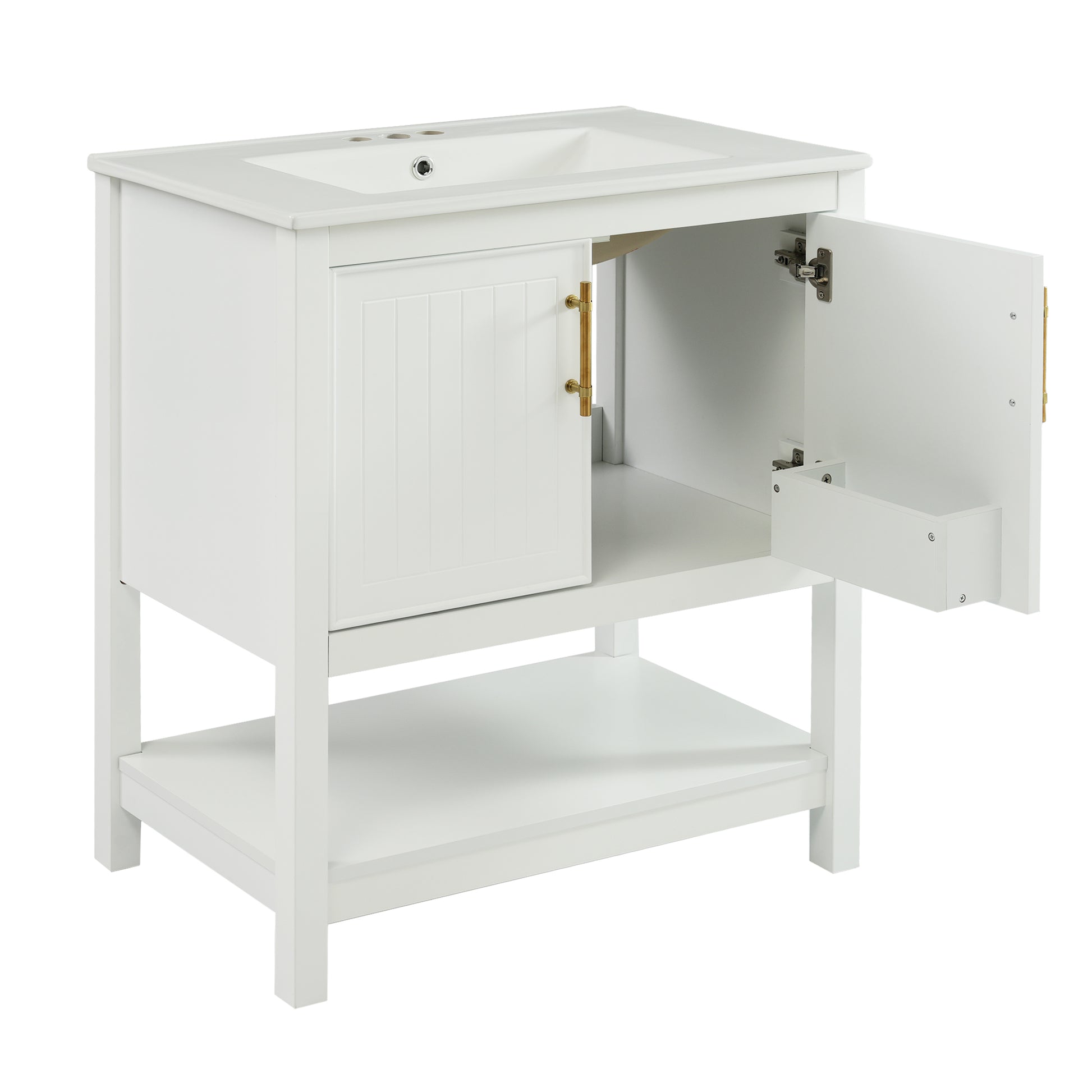 30 Inch White Bathroom Vanity With Ceramic Sink And Versatile Storage Ideal For Small Bathrooms White Bathroom Solid Wood Mdf