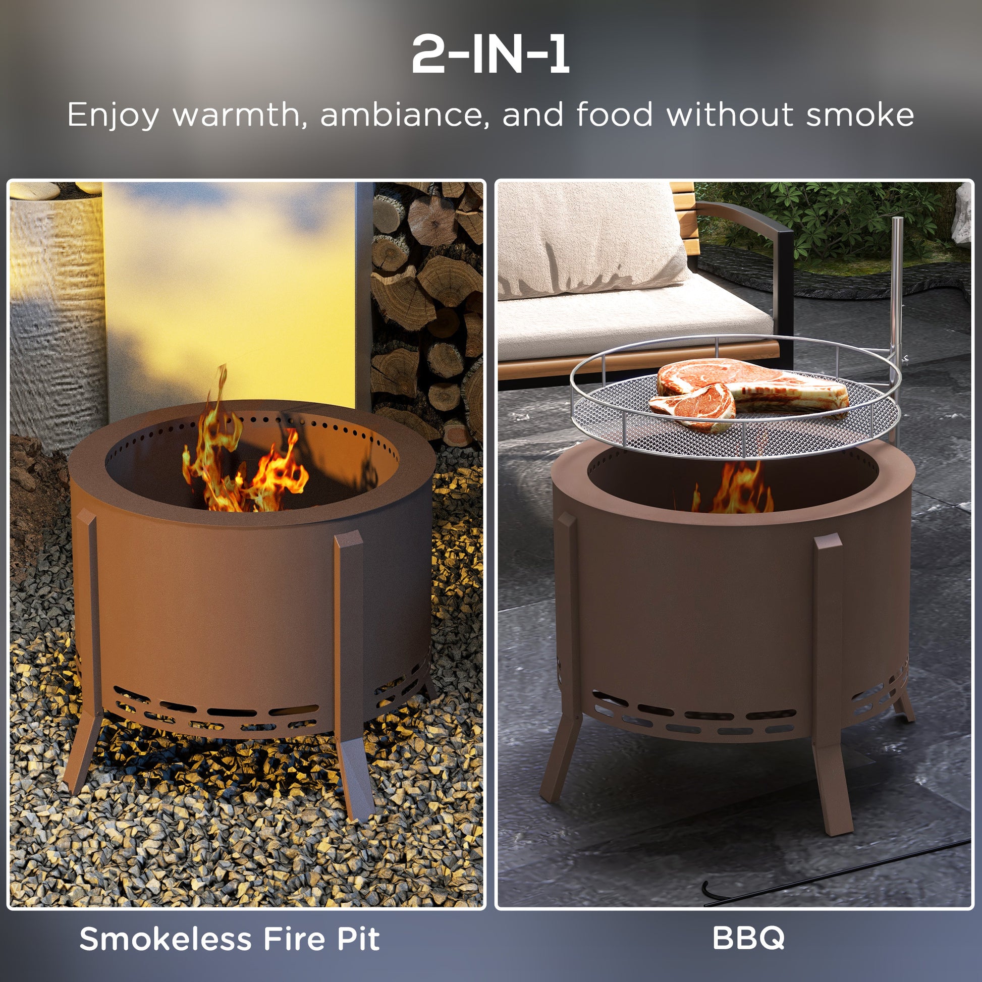 Outsunny 2 In 1 Smokeless Fire Pit, Bbq Grill, 19" Portable Wood Burning Firepit With Cooking Grate And Poker, Low Smoke Camping Bonfire Stove For Backyard Patio Picnic, Steel, Bronze Bronze Steel