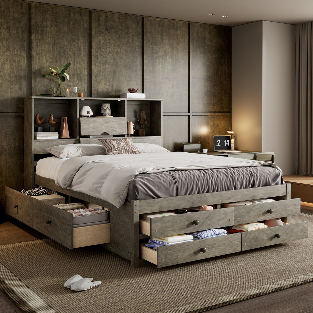 Queen Size Platform Bed With Storage Headboard And 8 Drawers, Gray Box Spring Not Required Queen Gray Wood Bedroom Bed Frame Solid Wood Mdf