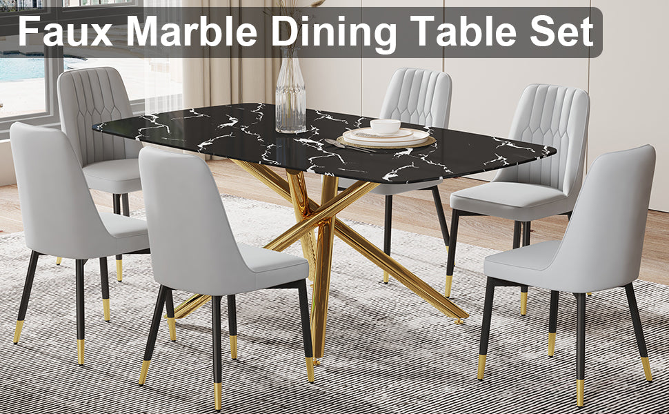 Large Modern Minimalist Rectangular Dining Table With 0.39 "Imitation Marble Black Tabletop And Golden Metal Legs, Paired With Chairs With Pu Cushions And Black Metal Legs. F 1537 C 007 Black Gold Glass Metal