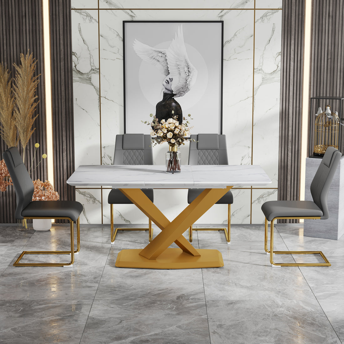 Table And Chair Set, The Table Is Equipped With A Marble Patterned Mdf Tabletop And Gold Table Legs.Dining Chairs,Gold Legged Upholstered Chairs Made Of Artificial Leather. Grey Gold Seats 4 Mdf