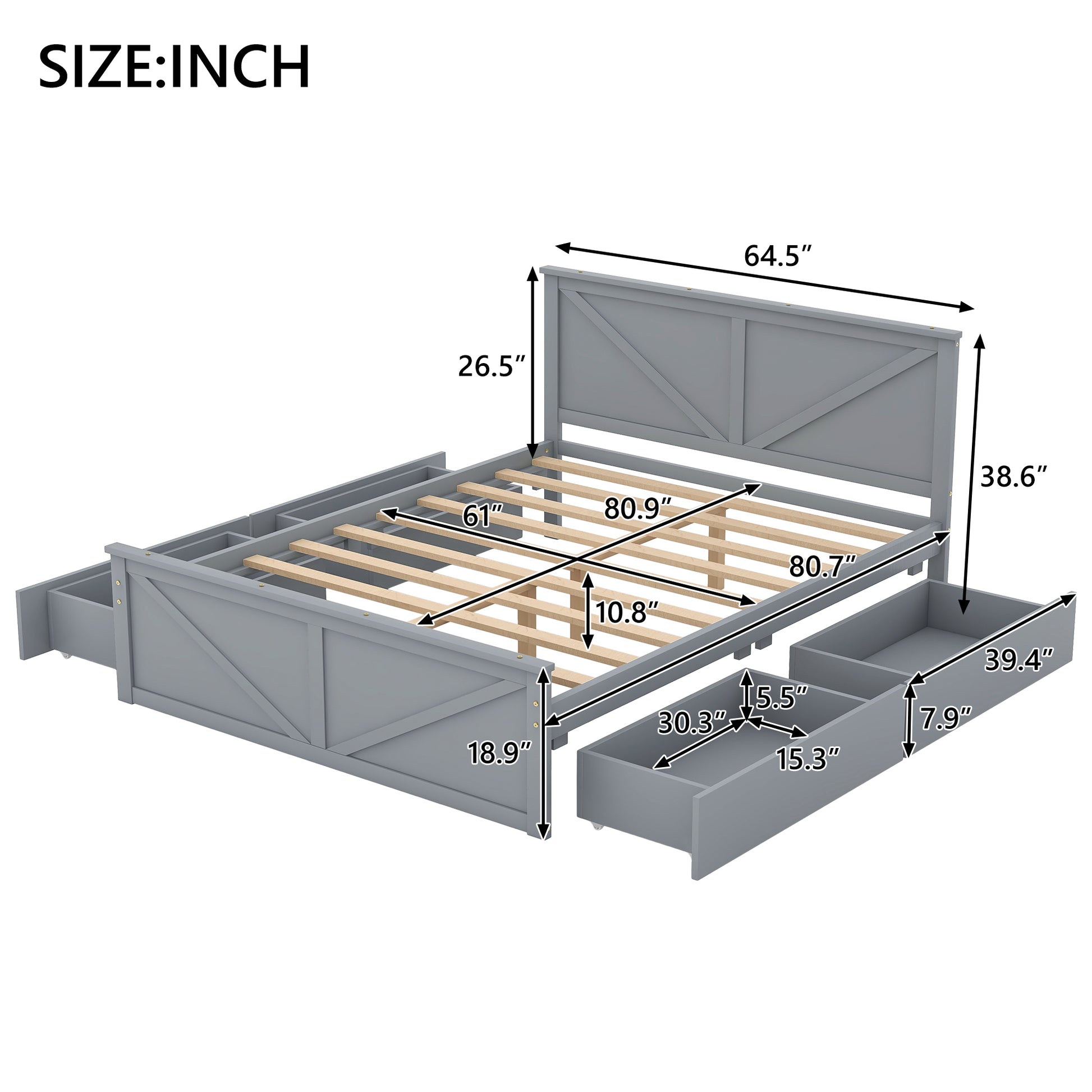 Queen Size Wooden Platform Bed With Four Storage Drawers And Support Legs, Gray Queen Gray Pine