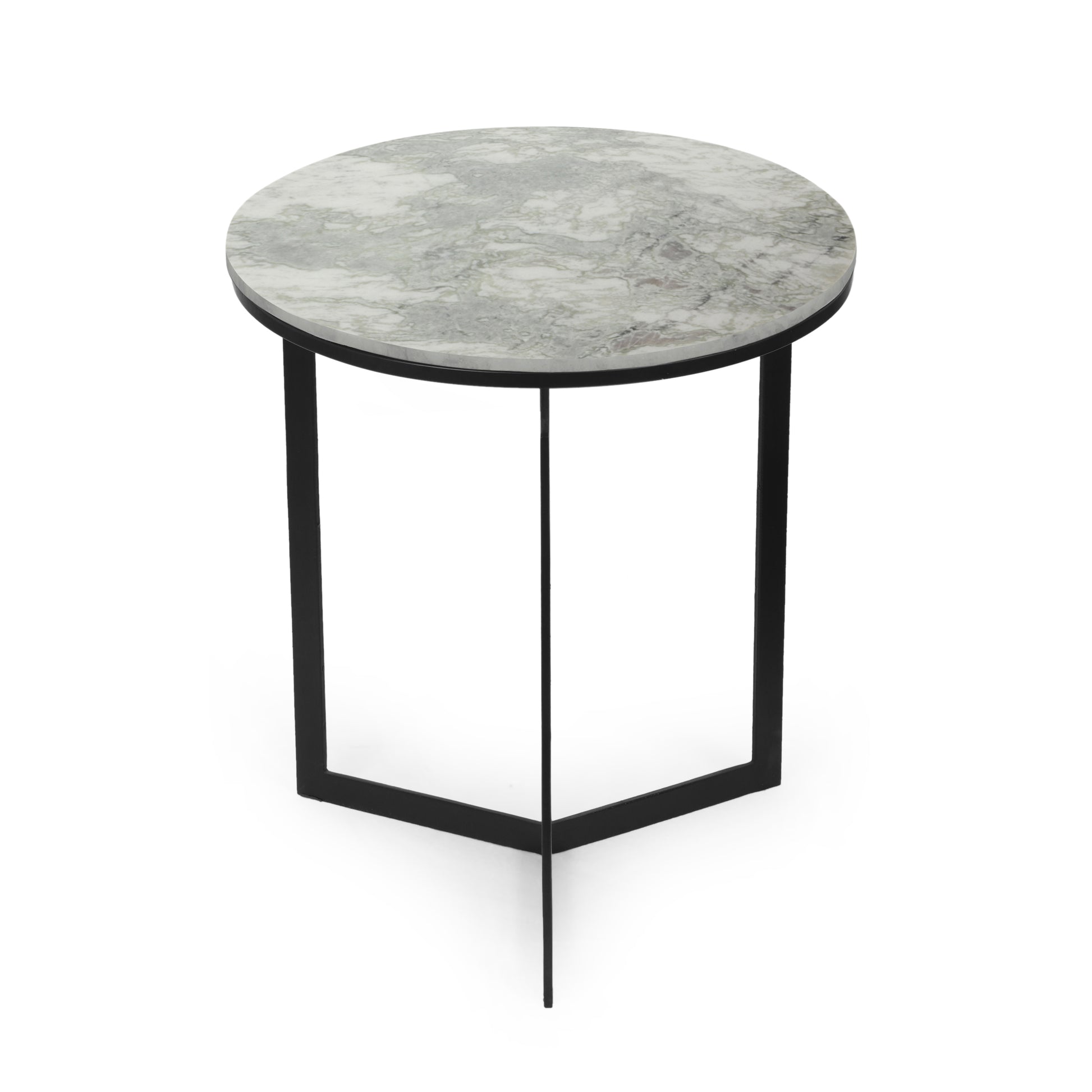 Round Accent Side Table Natural Black Marble Metal