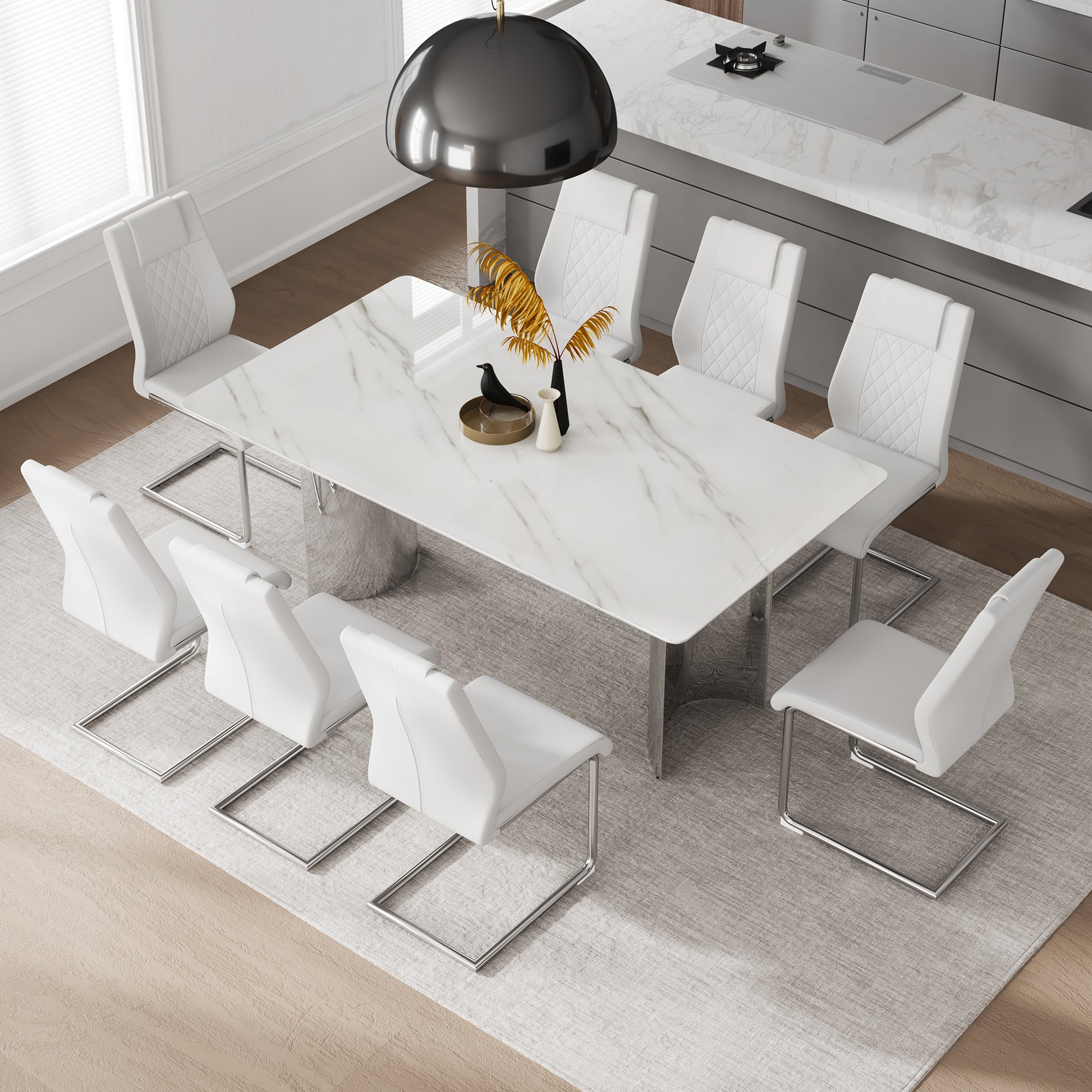Table And Chair Set, Modern And Minimalist Dining Table. Imitation Marble Glass Sticker Desktop, Stainless Steel Legs, Stable And Beautiful. Comfortable Pu Seats. Dt 69 White Silver Glass