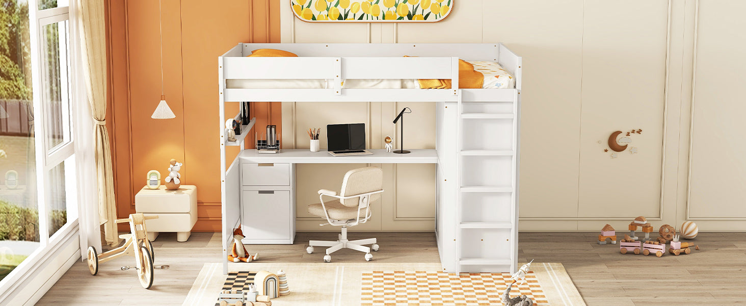 Full Size Wooden Loft Bed With Wardrobe, Desk, Drawers, Shelves, White Full White Plywood