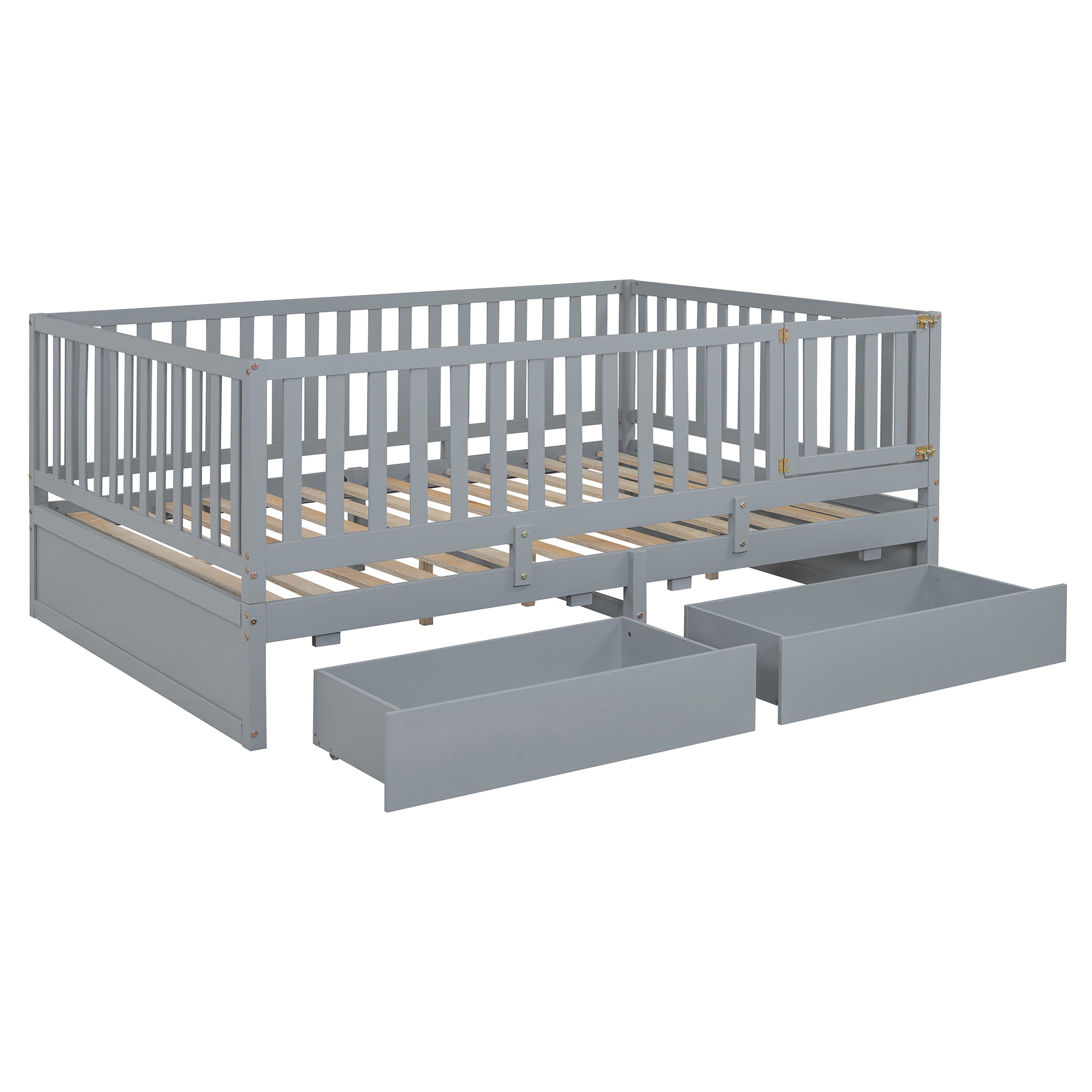 Full Size Wood Daybed With Fence Guardrails And 2 Drawers, Split Into Independent Floor Bed & Daybed, Gray Old Sku :Lp000882Aae Full Gray Solid Wood Mdf