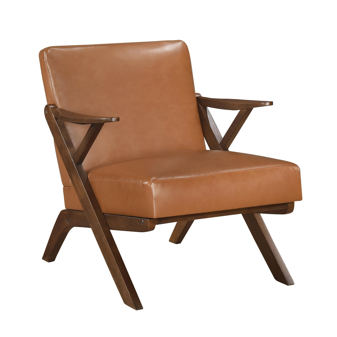 Brown Finish Solid Rubberwood Frame 1Pc Accent Chair Brown Faux Leather Upholstery Living Room Furniture Brown Primary Living Space Rubberwood Solid Wood