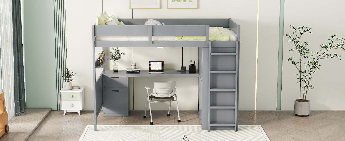 Full Size Wooden Loft Bed With Wardrobe, Desk, Drawers, Shelves, Gray Full Gray Plywood