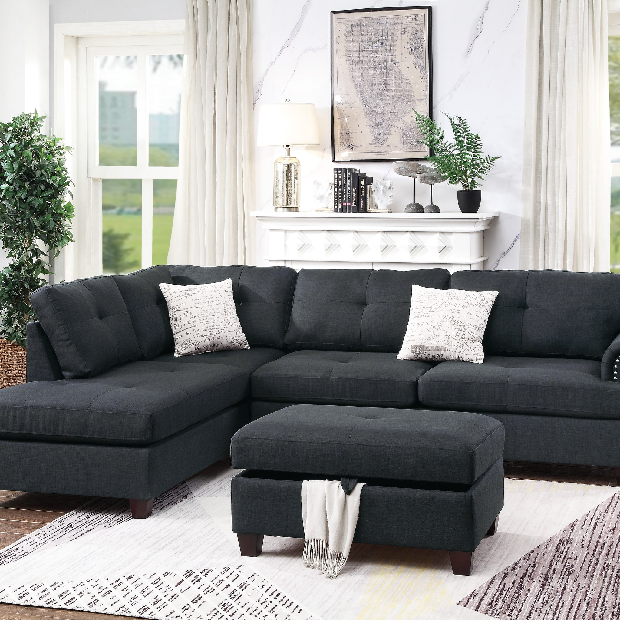 Contemporary 3 Pcs Sectional Sofa Ash Black Polyfiber Cushion Sofa Chaise Ottoman Reversible Couch Pillows Black Multi Wood Primary Living Space Tufted Back Contemporary,Modern L Shaped Rubberwood Particle Board 5 Seat