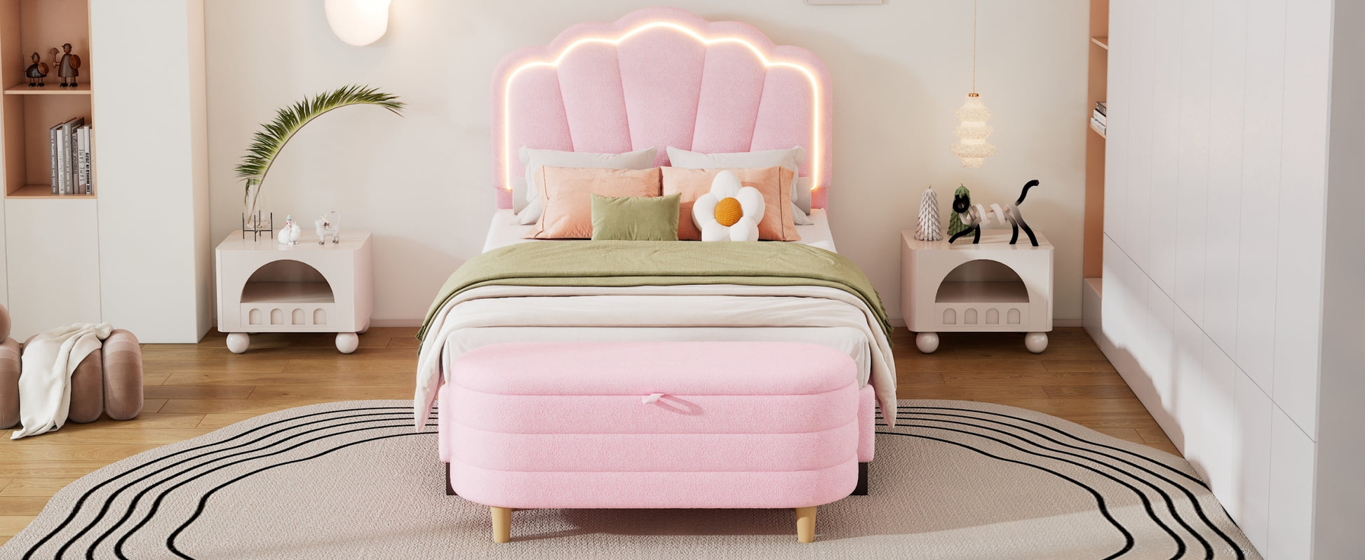 2 Pieces Bedroom Sets Twin Size Flower Shaped Upholstered Led Platform Bed With Storage Ottoman Sherpa Fabric, Pink Twin Pink 2 Piece Set Wood
