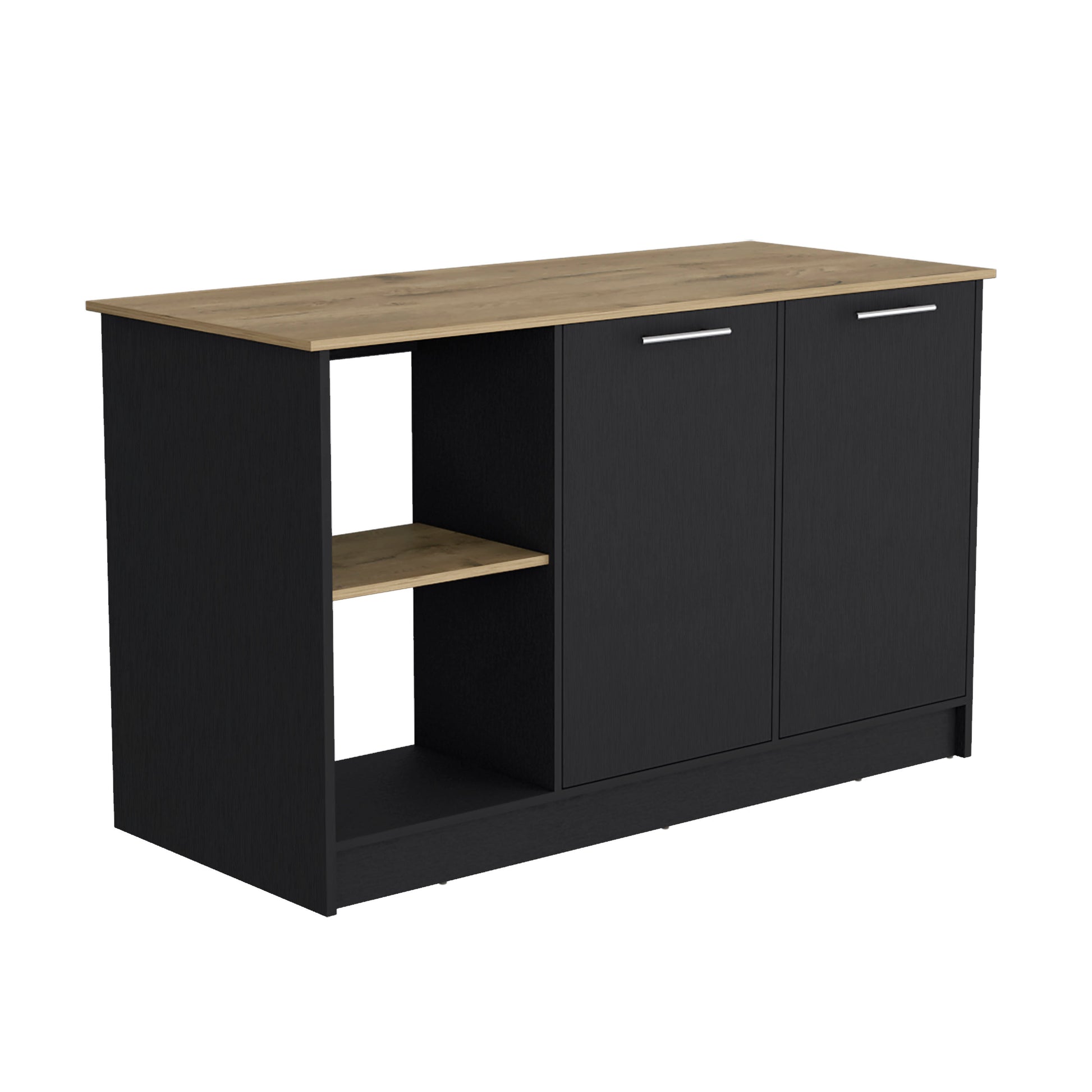 Kitchen Island With Large Countertop, Open Storage Shelves And Double Door Cabinet, Black Macadamia Black Solid Wood Mdf Engineered Wood