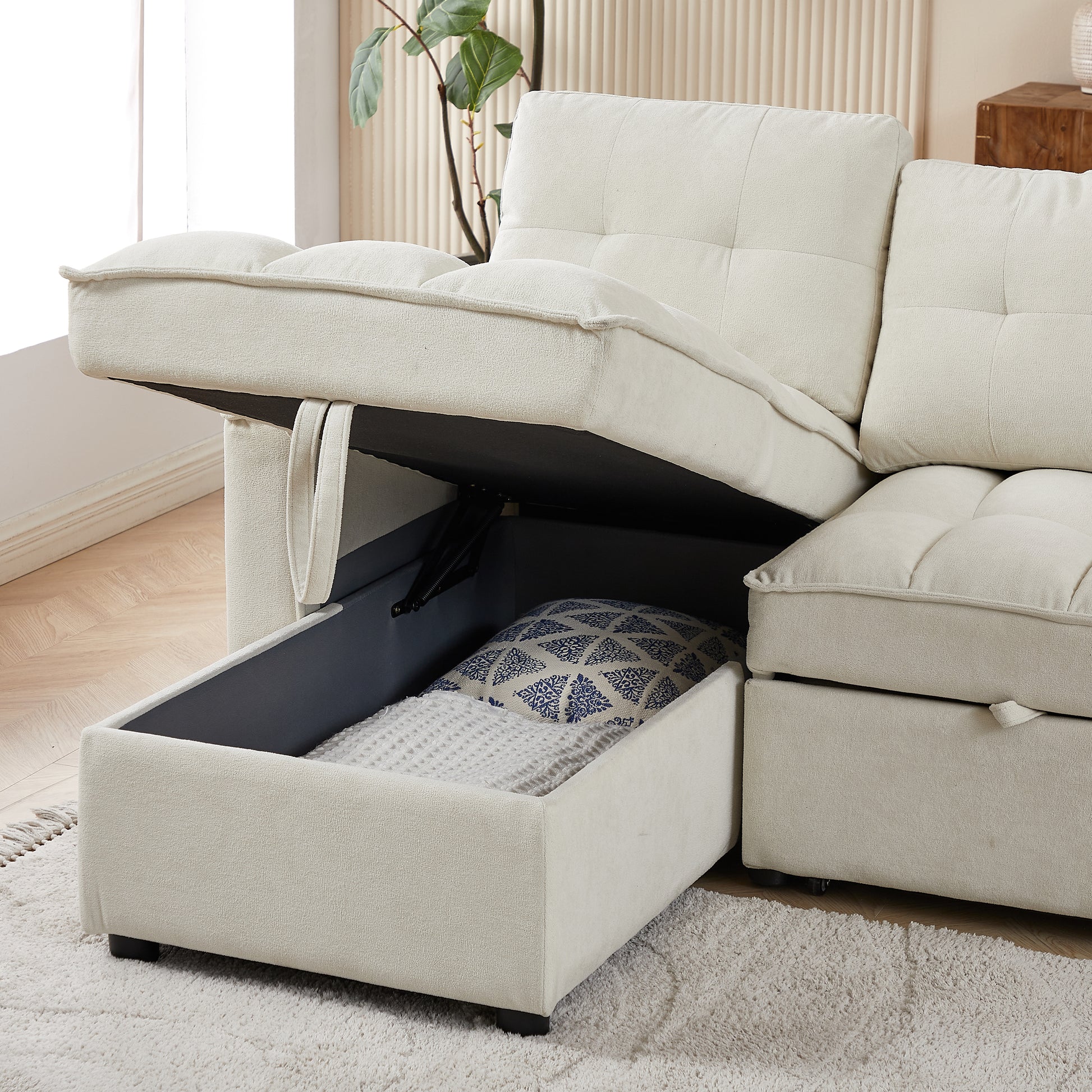 Mh 78.75" Reclining Sofa, Pull Out Sofa Bed With Usb And Tape C Charging Ports, L Shaped Sectional Sofa With Reclining Storage And Arm Side Organizer Pocket Features, Living Room Comfort Sofa Beige