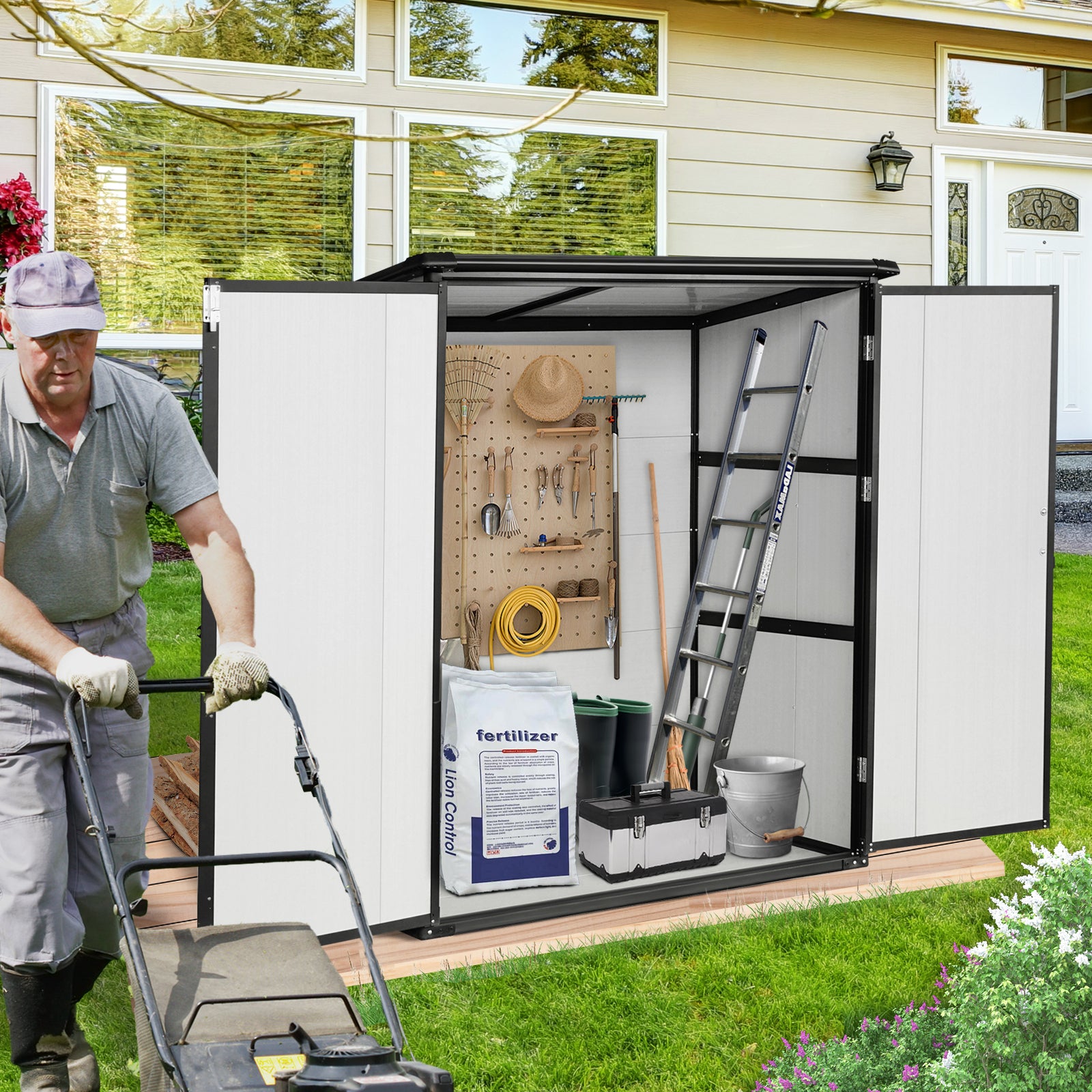 5X3Ft Outdoor Storage Shed Waterproof Resin Cabinet With Lockable Doors For Bikes And Patio Furniture Black Plastic
