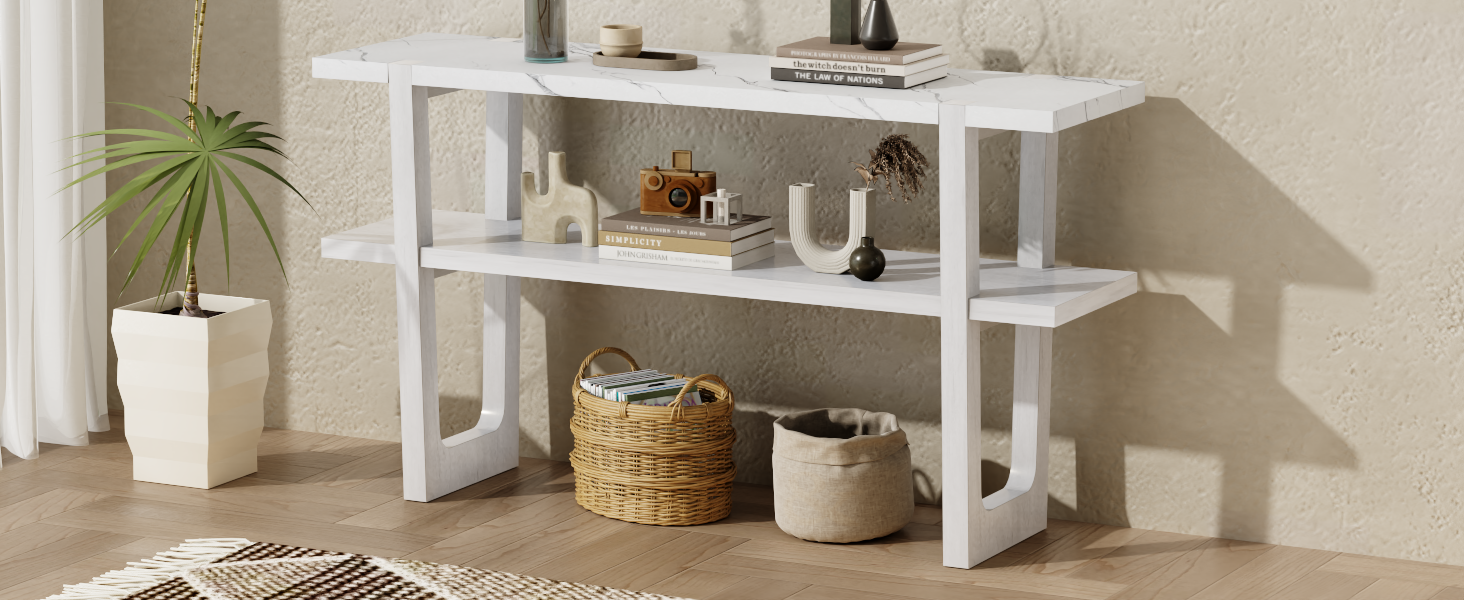 Retro Elegant Console Table With Marble Effect Top And Versatile Storage Solutions For Entryway And Living Room Antique White Antique White Solid Wood Mdf