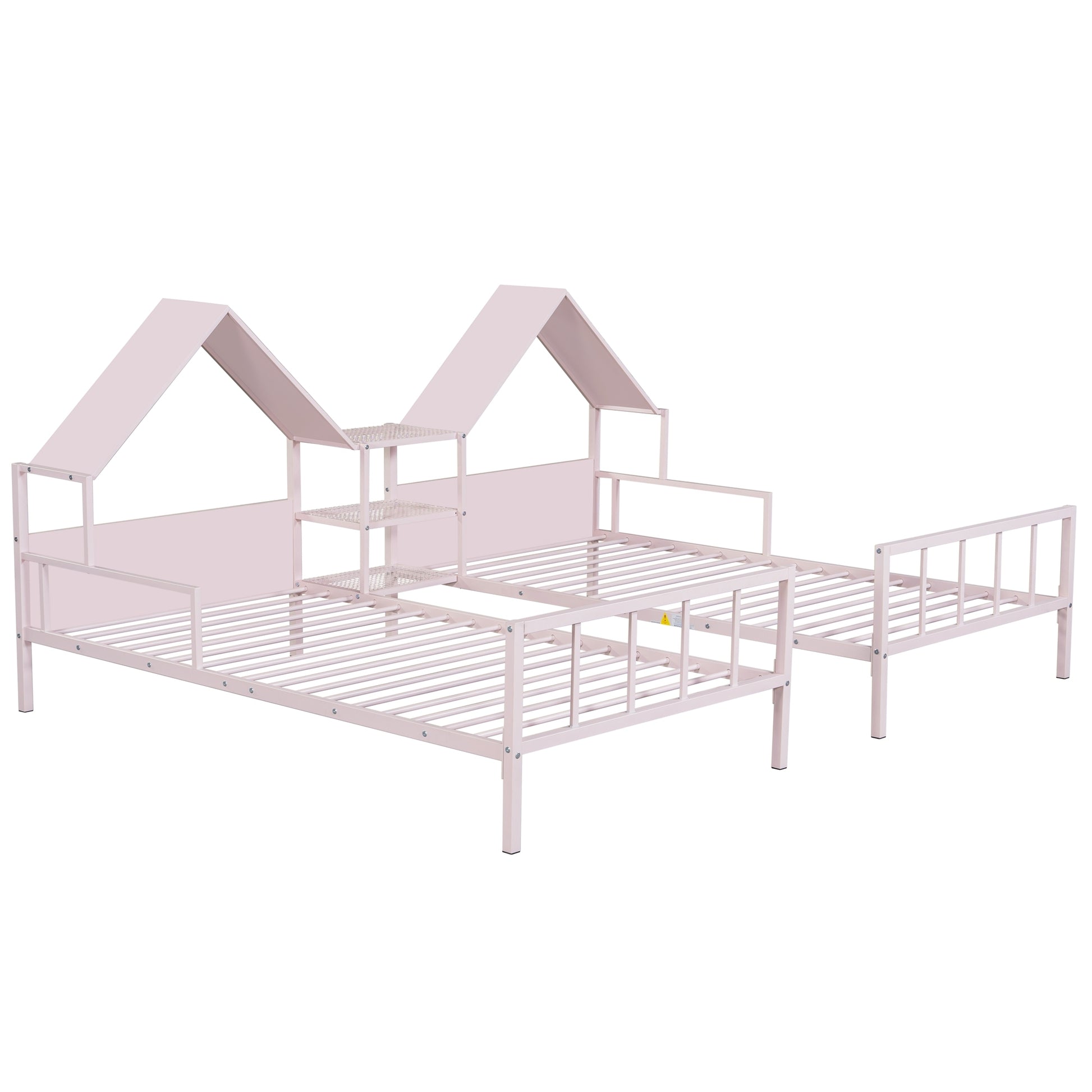 Metal Double Twin Size Platform Bed With House Shaped Headboard And A Built In Nightstand, Pink Box Spring Not Required Twin Pink Metal Metal