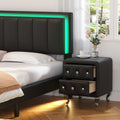 3 Pieces Bedroom Sets,Queen Size Upholstered Bed With Led Lights And Two Motion Activated Night Lights,Pu Nightstand With 2 Drawers And Crystal Handle,Black Queen Black 3 Piece Set Wood