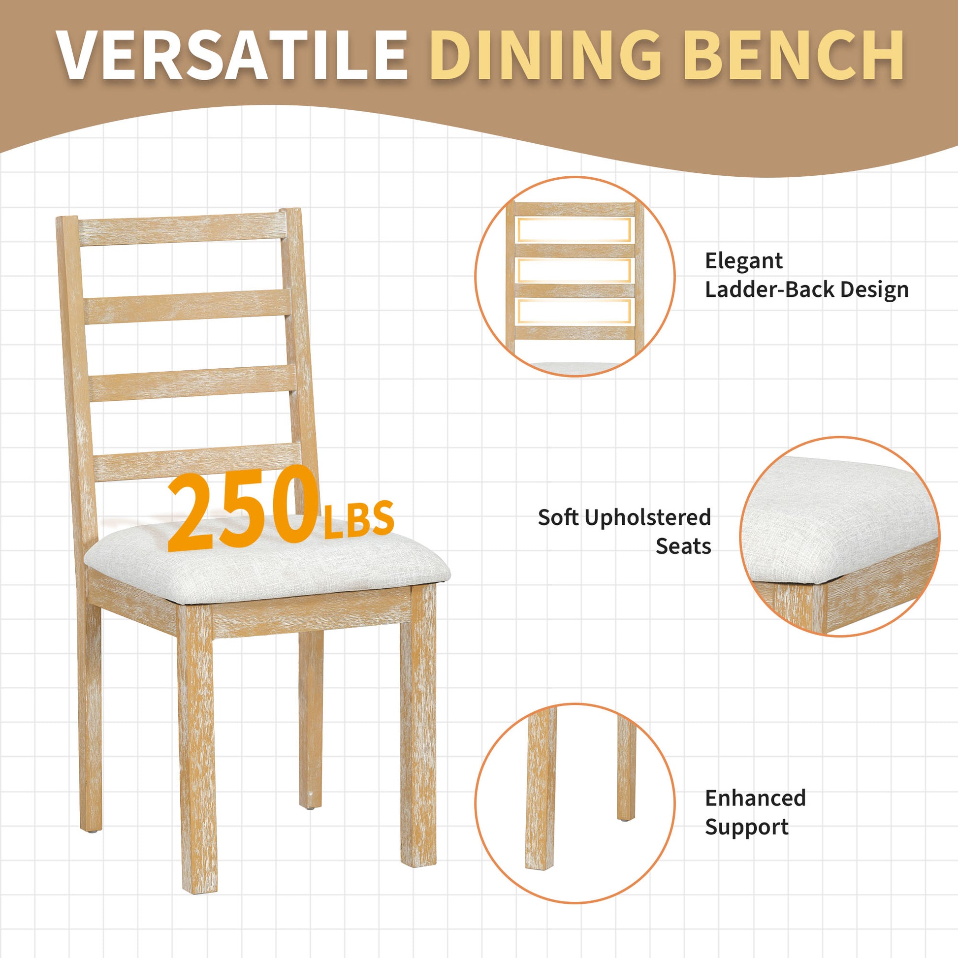 Farmhouse 6 Piece 60Inch Extendable Pedestal Dining Table Set With 18Inch Removable Leaf, 44Inch Bench And 4 Ladder Back Dining Chairs, Natural Wood Dining Room Solid Wood Rubberwood Oval Dining Table With Bench Wood Wood Natural Ladder Back Seats 6 60