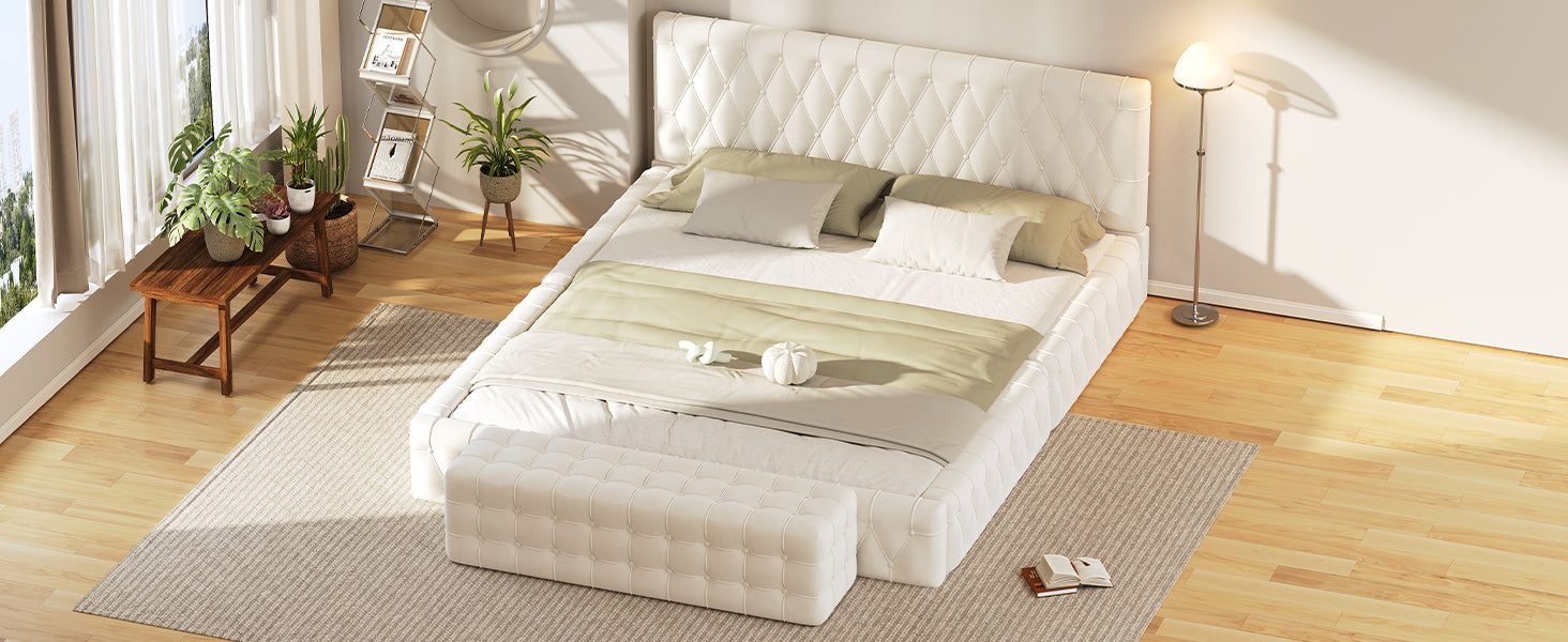 2 Pieces Bedroom Sets Queen Size Upholstered Bed With Rectangular Upholstered Ottoman For Bedroom,White Queen White 2 Piece Set Solid Wood Mdf