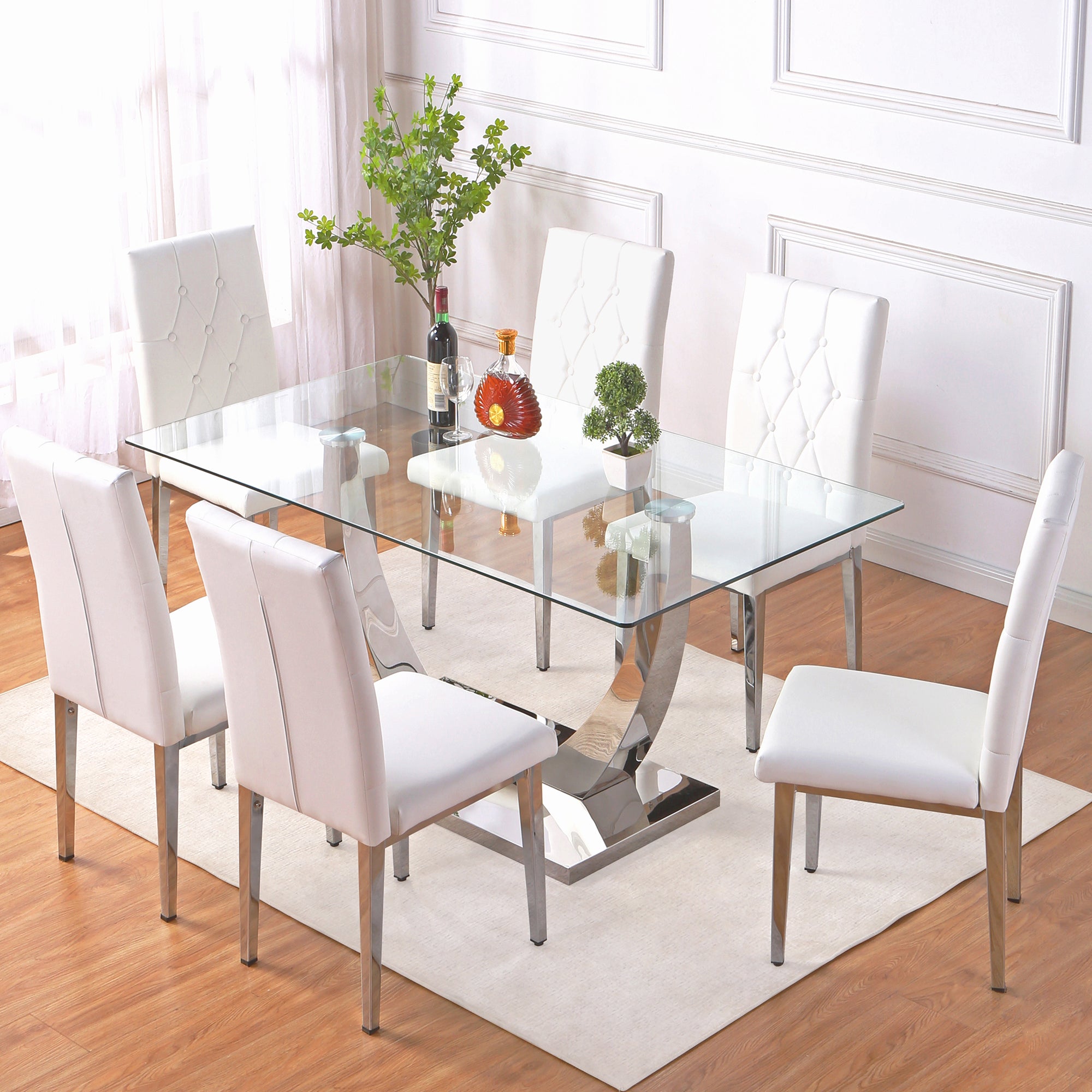Table And Chair Set, Modern Dining Table, Tempered Glass Tabletop And Silver Colored Leg Table, Soft And Comfortable Dining Chair, Perfect For Dinner, Meetings, Home And Office Decor White Seats 6 Glass