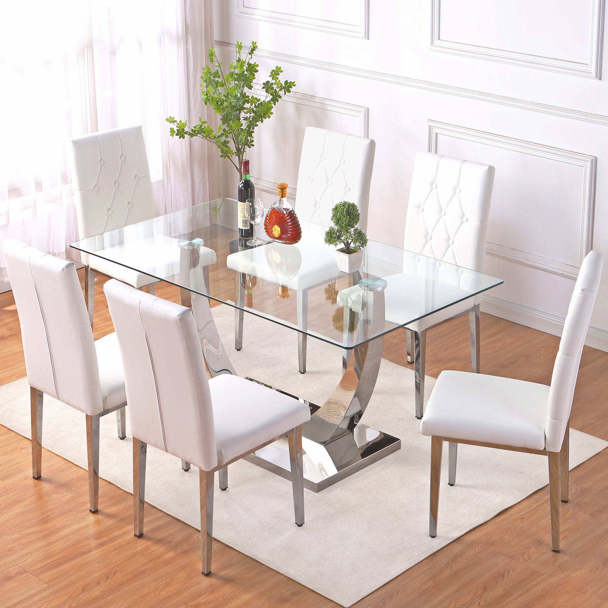 Table And Chair Set, Modern Dining Table, Tempered Glass Tabletop And Silver Colored Leg Table, Soft And Comfortable Dining Chair, Perfect For Dinner, Meetings, Home And Office Decor White Seats 6 Glass