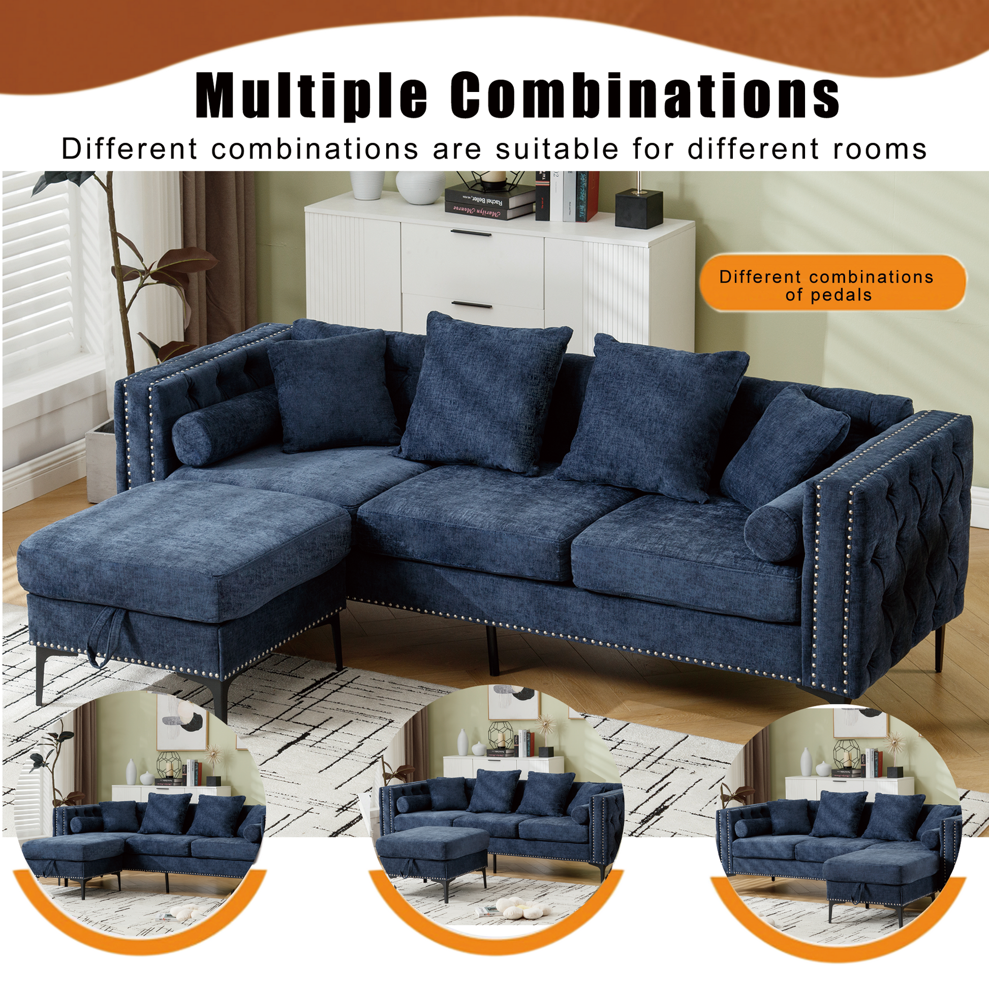Arrived L Shaped Sectional Sofaconvertible Storage Ottoman,Chenille ,Square Arm, Modern Tufted Couch ,3 Seater, And Nailhead,Blue Blue Polyester Wood Primary Living Space Medium Soft Tufted Back Modern Square Arms Metal & Wood 4 Seat