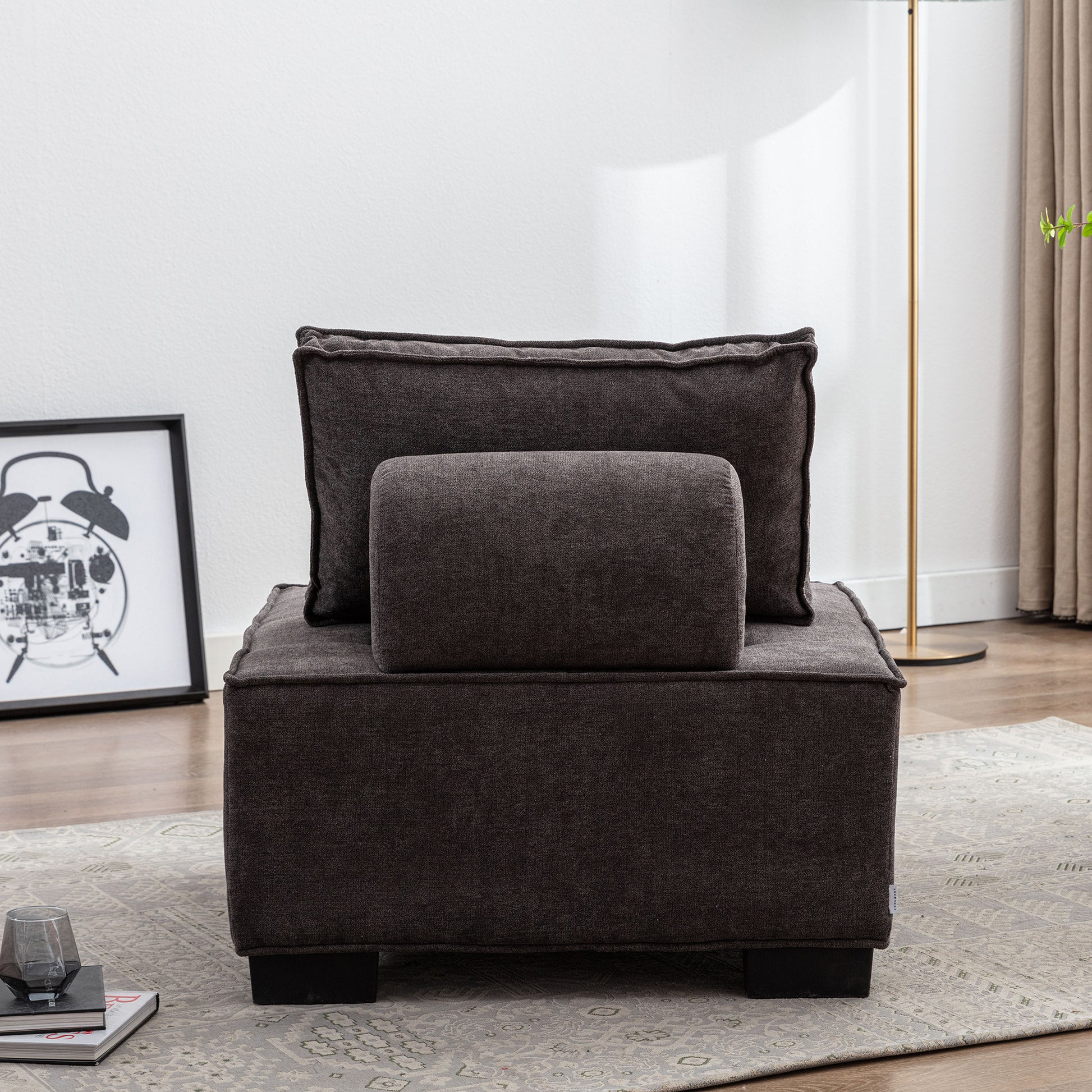 Coolmore Modern Upholstered Chair Leisure Sofa Lazy Sofa Plastic Legs And Pillow Removable Armless Accent Chair For Living Room,Bedroom,Office Grey Linen Grey Foam Linen