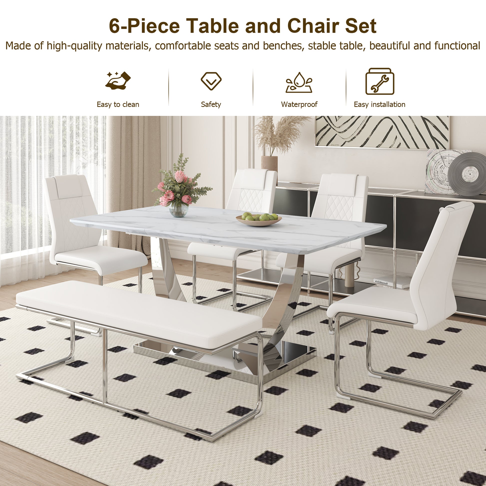 Table And Chair Set. Large Modern Rectangular Table With White Textured Top And Silver Metal Legs. Soft And Comfortable Pu Seats, Faux Leather Upholstered Seats And Sturdy Metal Legs. White Mdf Metal