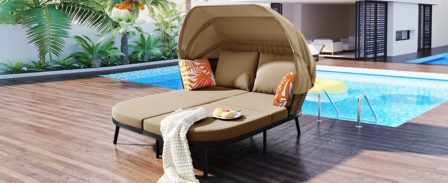 74.8" L Patio Daybed With Retractable Canopy, Outdoor Rattan Pe Wicker Back Loveseat Sofa Set With Throw Pillows And Cushions For Backyard, Poolside, Garden, Brown Yes Lounge Brown Weather Resistant Frame Water Resistant Cushion Garden & Outdoor Complete