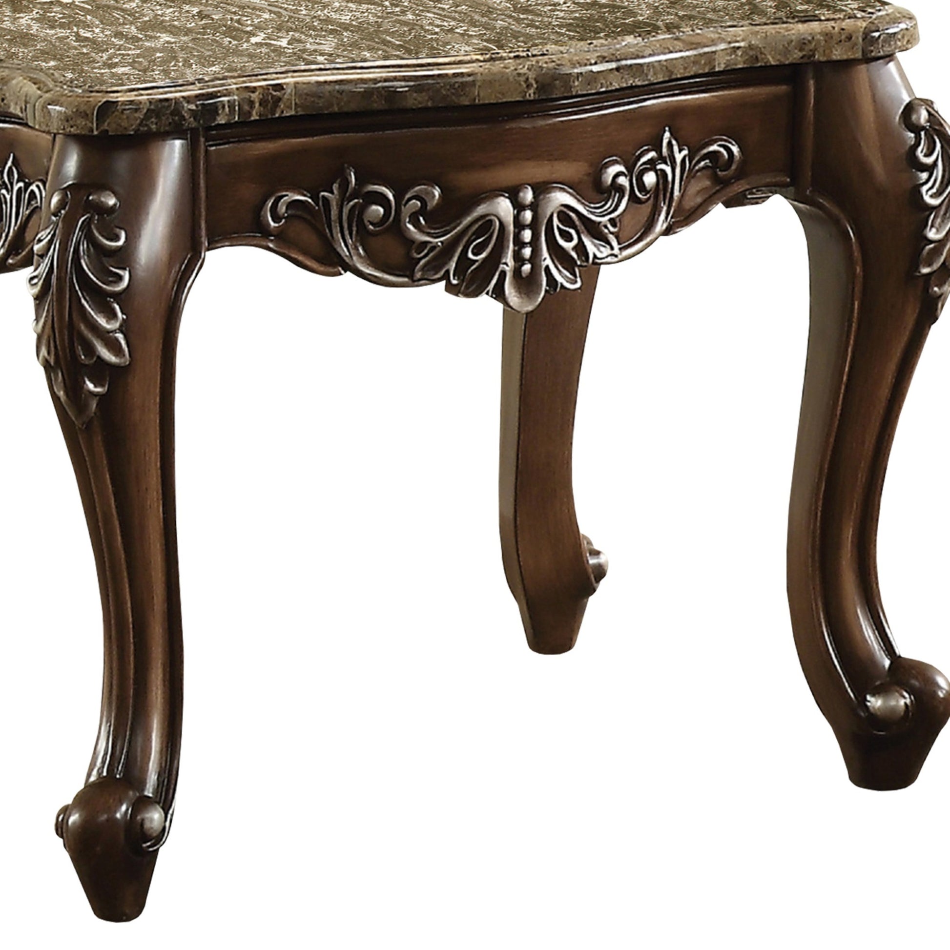 Wooden End Table With Marble Top In Antique Oak Brown Brown Wood
