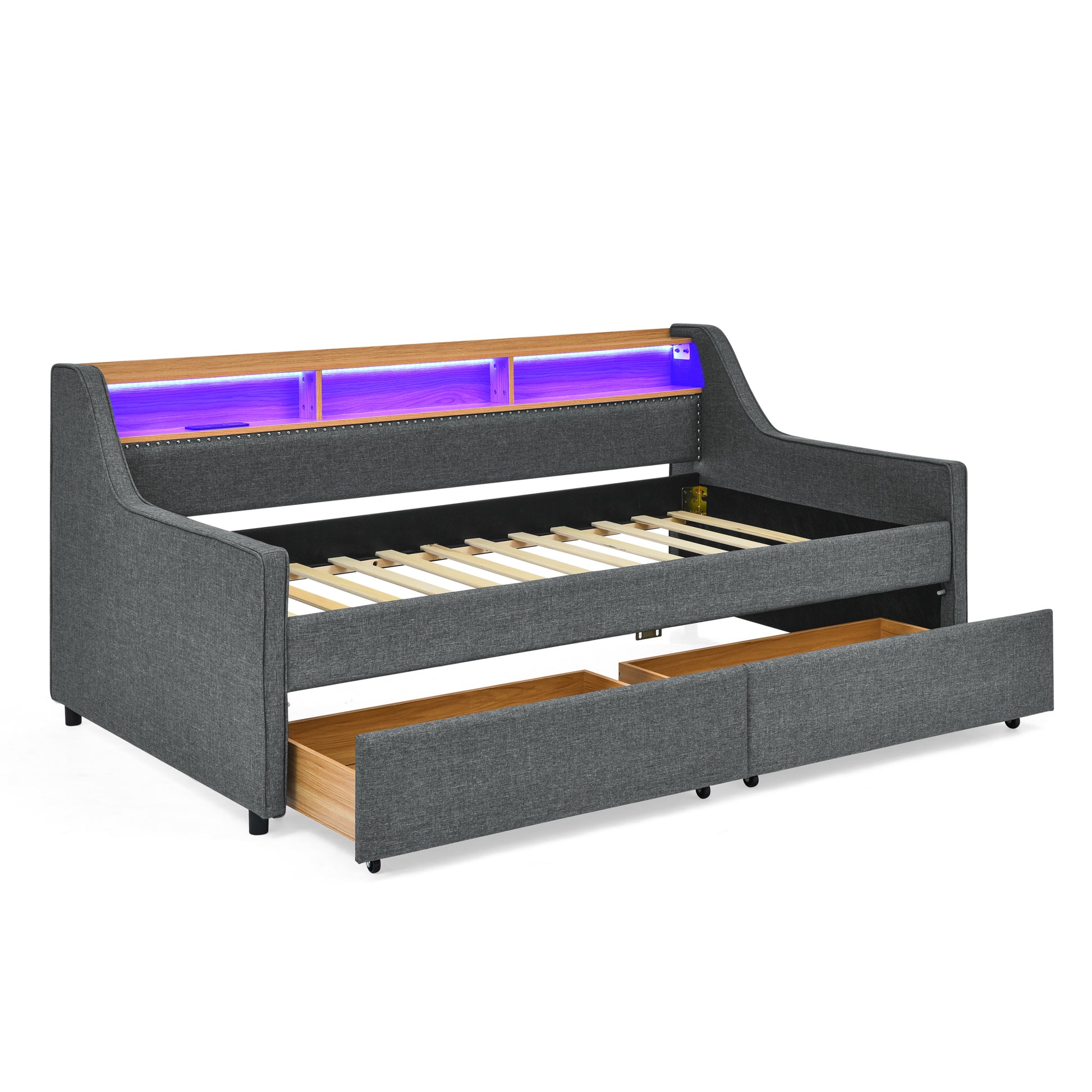 Twin Size Upholstery Sofa Bed With Three Led Lights, With Storage Adjustable Headboard, With Two Storage Pull Up Drawers And Wireless Charging, Linen Padded Sofa Bed Frame, Grey Box Spring Not Required Twin Grey Composite Bedroom Classic Eucalyptus Foam