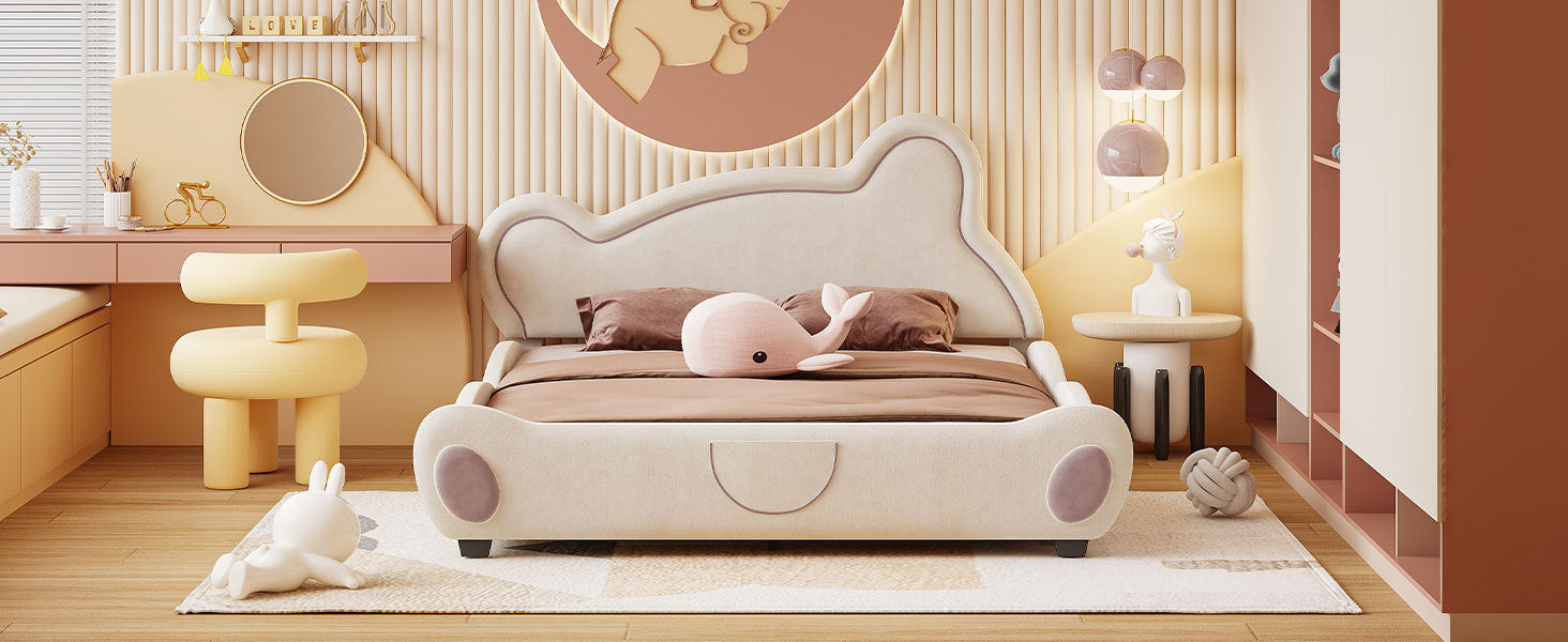 Queen Size Velvet Platform Bed With Bear Shaped Headboard, With Bed End Storage Pocket, Beige Queen Beige Plywood