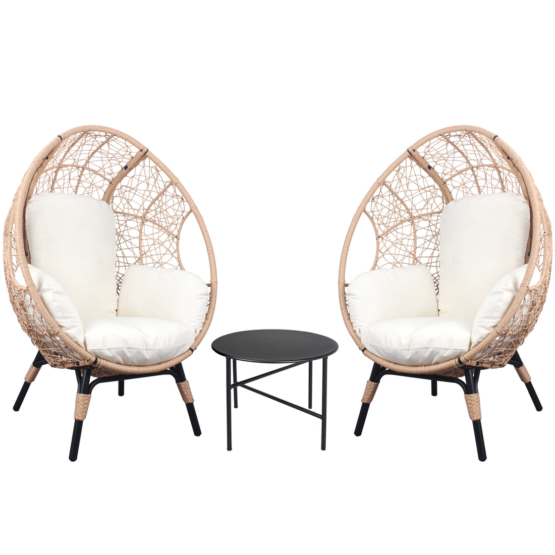 3 Pieces Patio Egg Chairs Model 3 With Side Table Set,Natural Color Pe Rattan And Beige Cushion Yes Natural Foam Steel