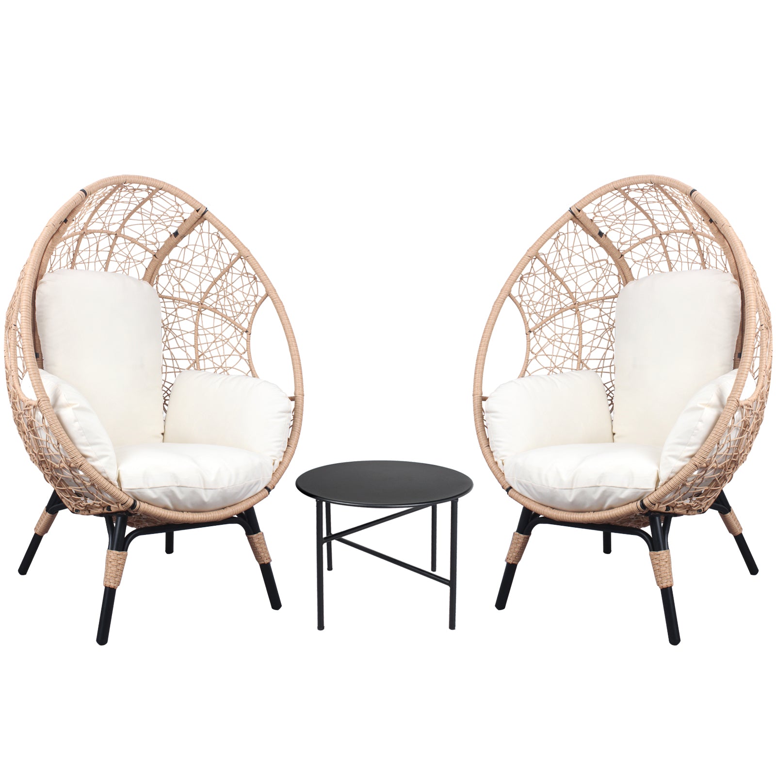 3 Pieces Patio Egg Chairs Model 3 With Side Table Set,Natural Color Pe Rattan And Beige Cushion Yes Natural Foam Steel