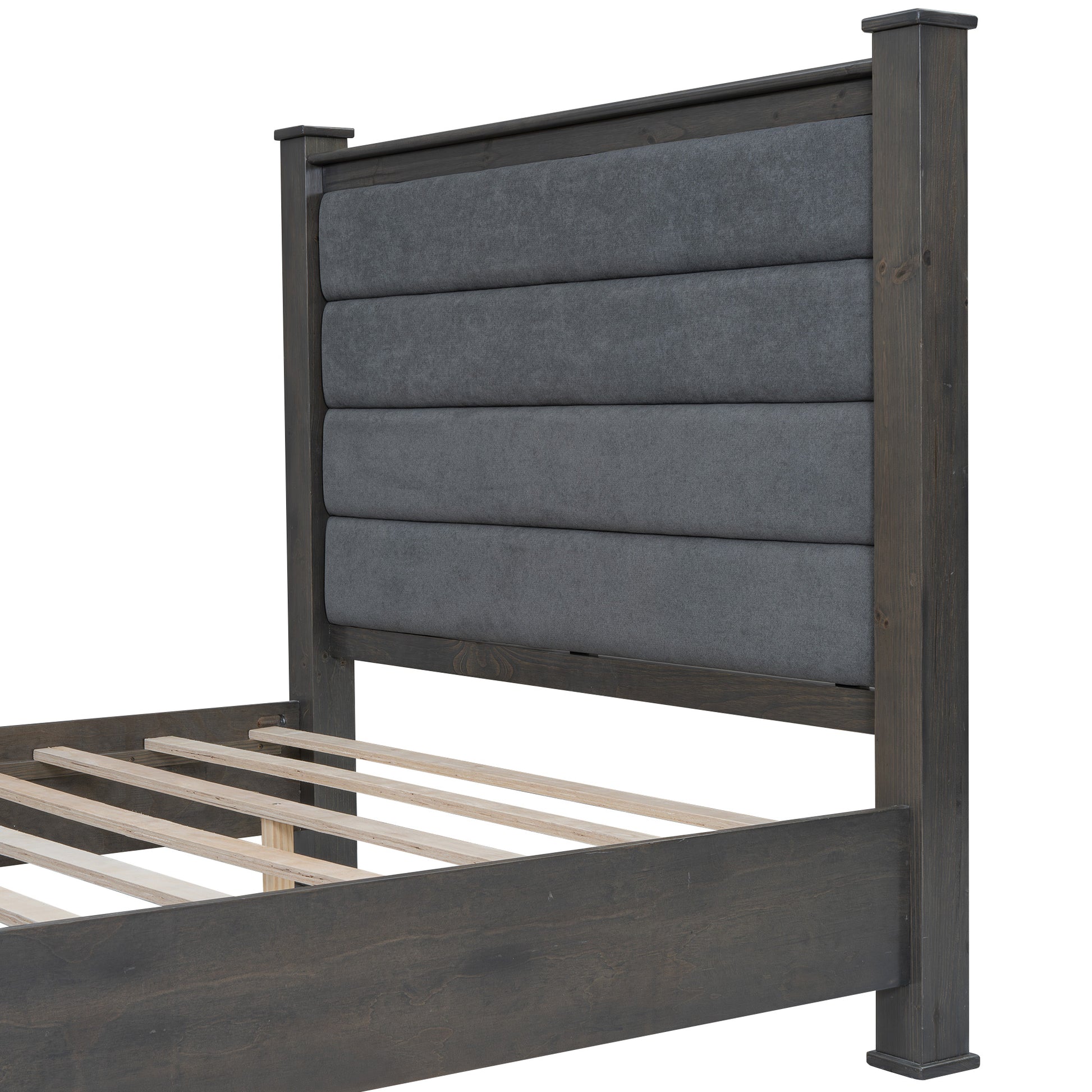 Queen Size Wood Frame Platform Bed With Upholstered Headboard, Footboard And 2 Drawers, Antique Gray Box Spring Not Required Queen Antique Gray Wood Bed Frame Solid Wood Mdf