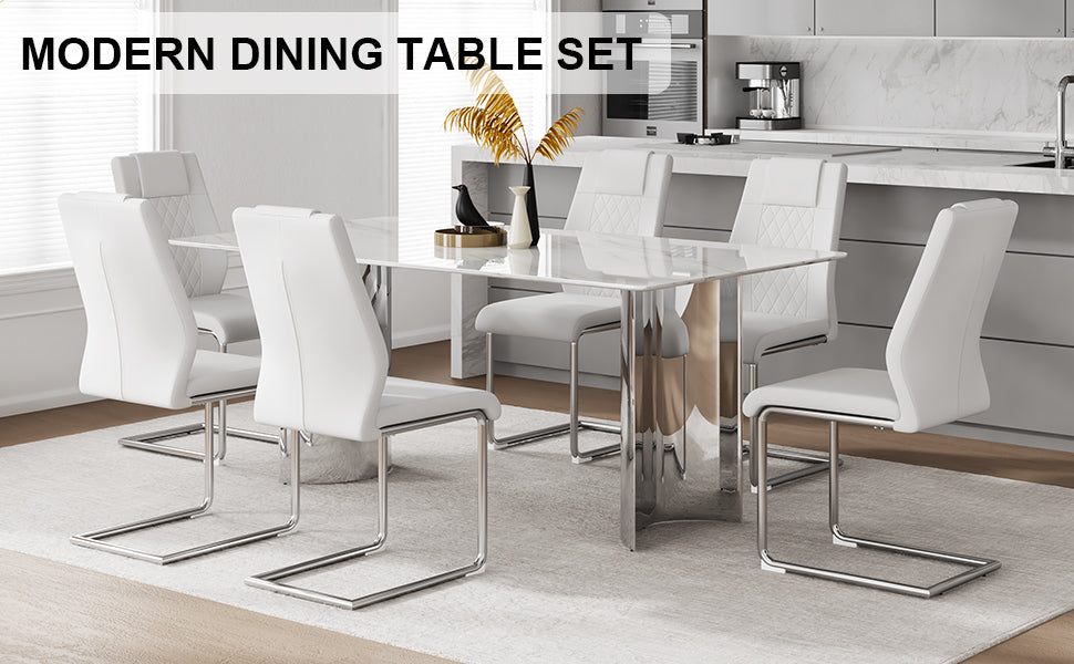 Table And Chair Set, Modern And Minimalist Dining Table. Imitation Marble Glass Sticker Desktop, Stainless Steel Legs, Stable And Beautiful. Comfortable Pu Seats. Dt 69 Silver Glass