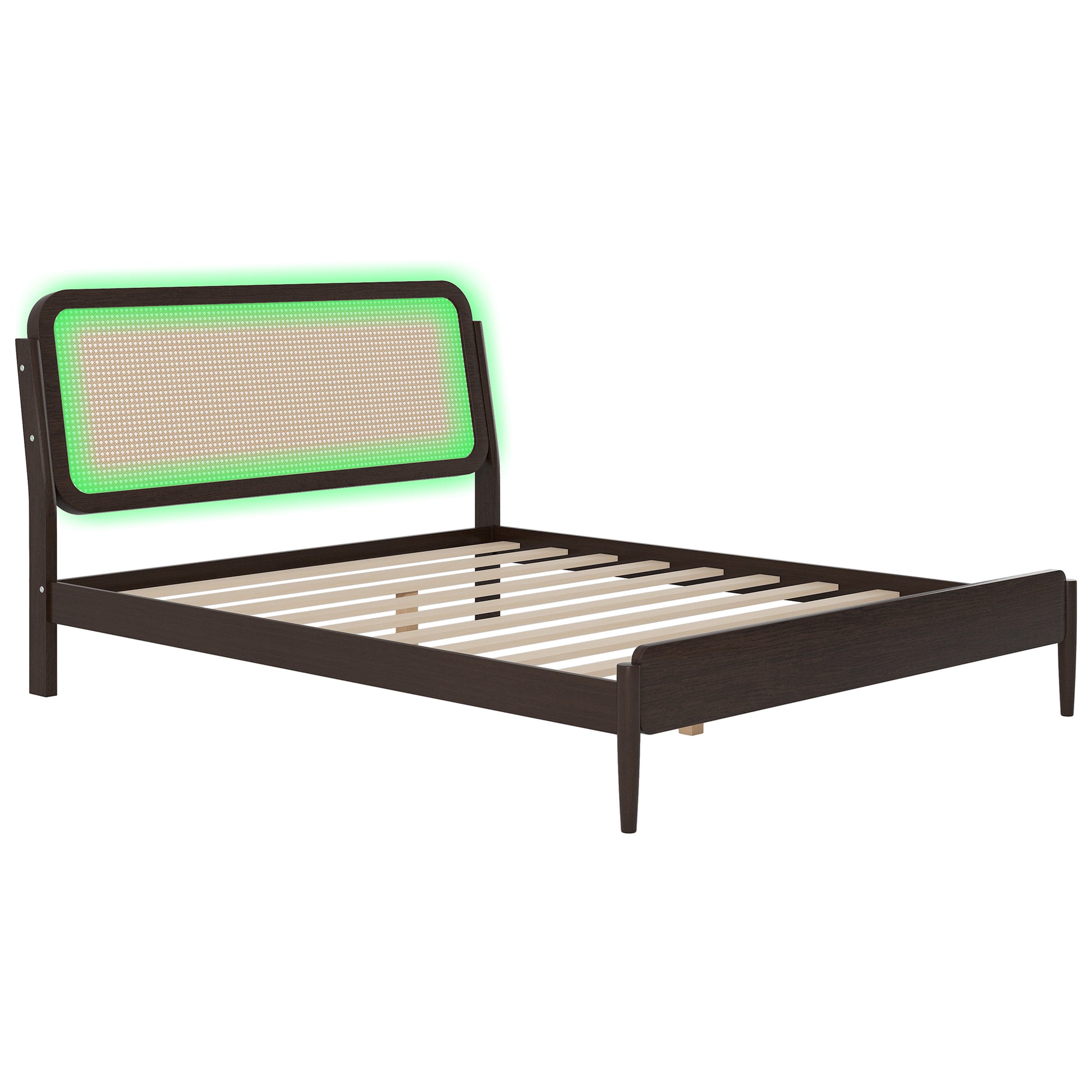 Queen Size Wood Storage Platform Bed With Led Light, Rattan Headboard, Espresso Box Spring Not Required Queen Antique Espresso Wood Bedroom Bed Frame Wood Rattan