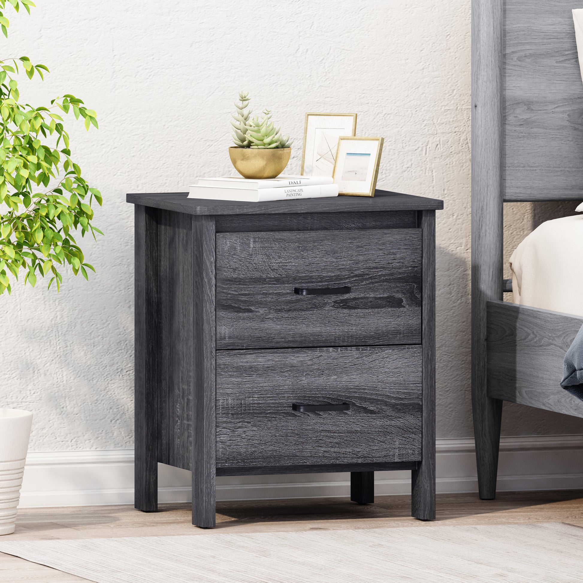 Toolless Assembly Nightstand Dark Grey Mdf