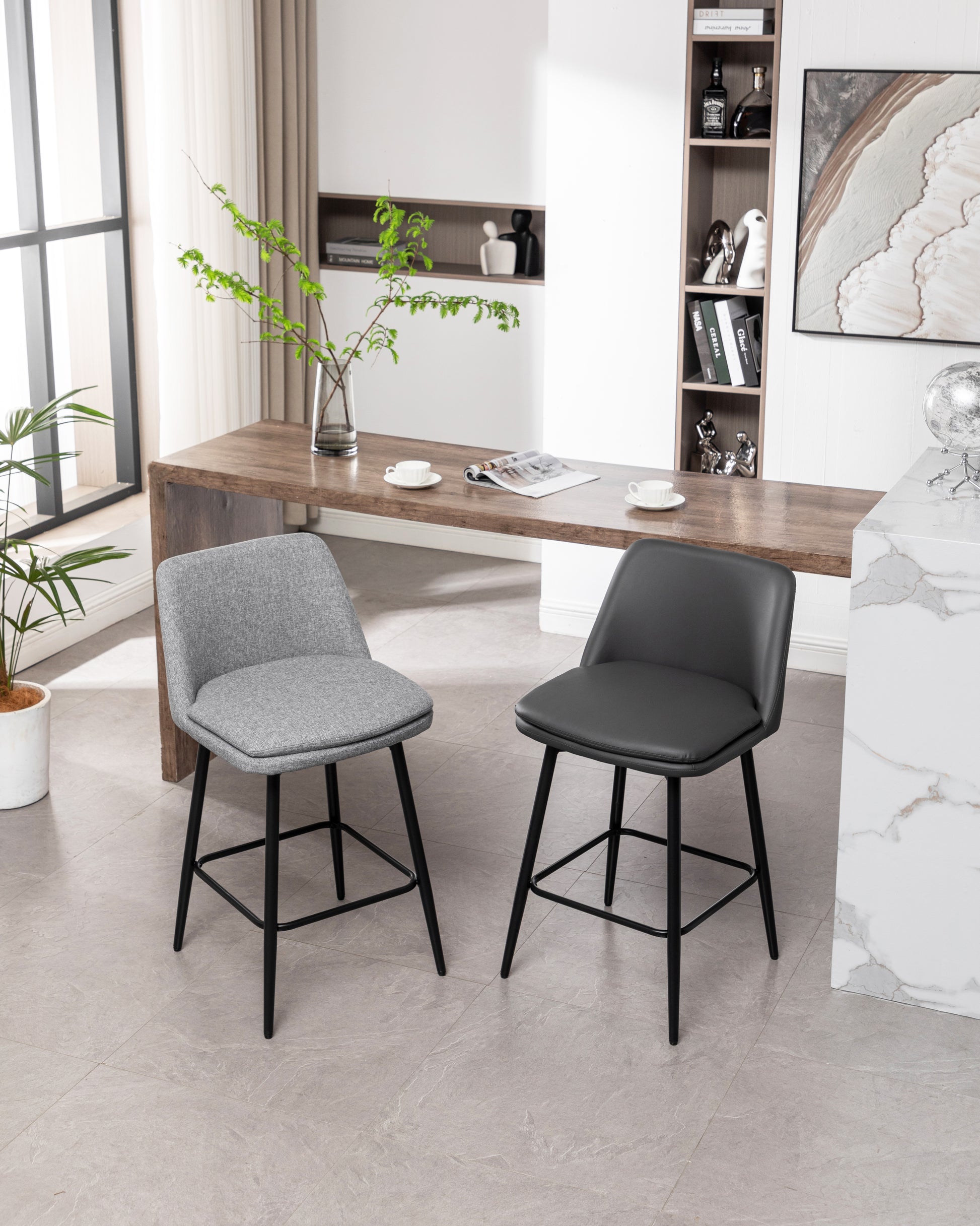 Counter Height Swivel Bar Stools Set Of 2, 360 Swivel Upholstered Barstools With Back And Metal Legs, 25.6" Seat Height,Counter Stools For Kitchen Island And Pub,Linen Cloth,Grey Light Grey Set Of 2 Linen