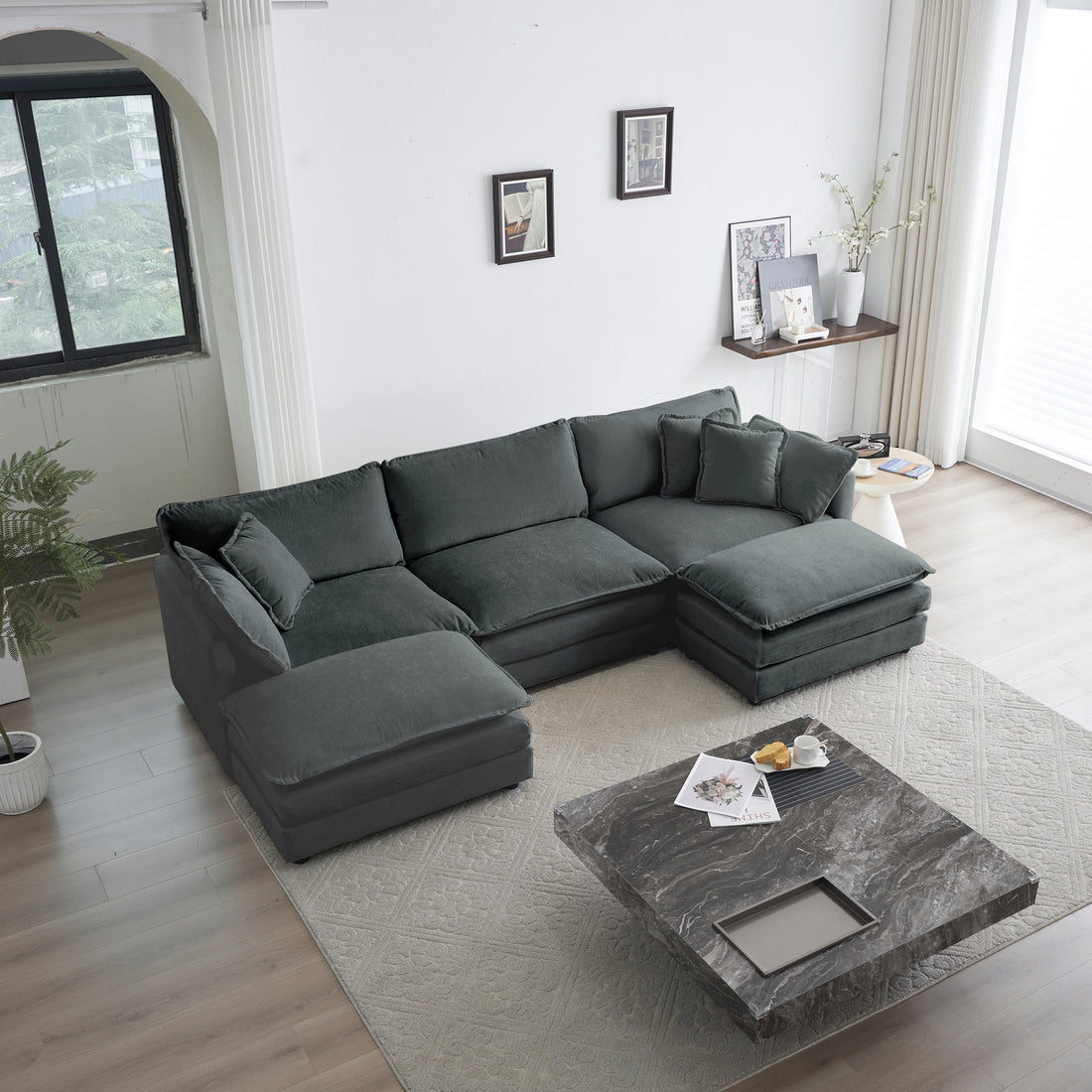 U Shaped Sectional Sofa W Reversible Footrest, 5 Seater Convertible Corner Couch With 2 Ottomans ,Modern Minimalist Soft Sofa & Couch For Living Room ,Gray Chenille Gray Chenille 3 Seat