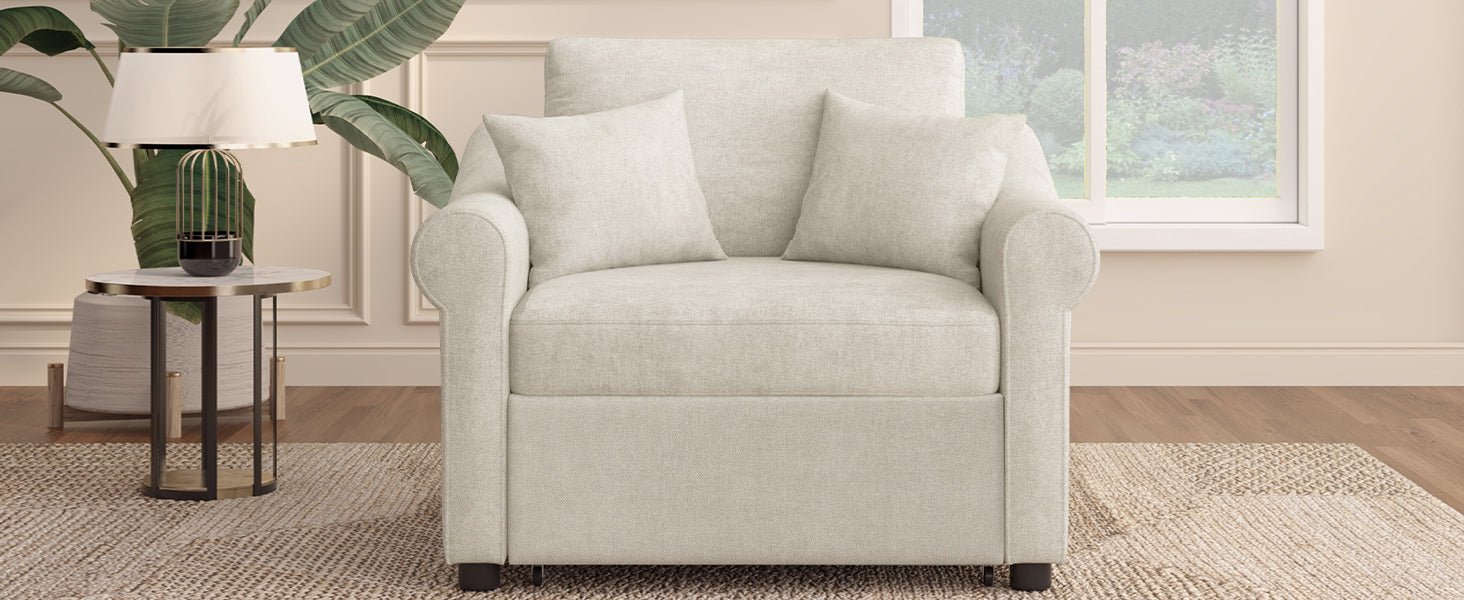 Chenille Convertible Sleeper Chair With Adjustable Backrest, 3 In 1 Lounger Chair Turns Into Bed, Single Bed For Living Room, Beige Beige Chenille