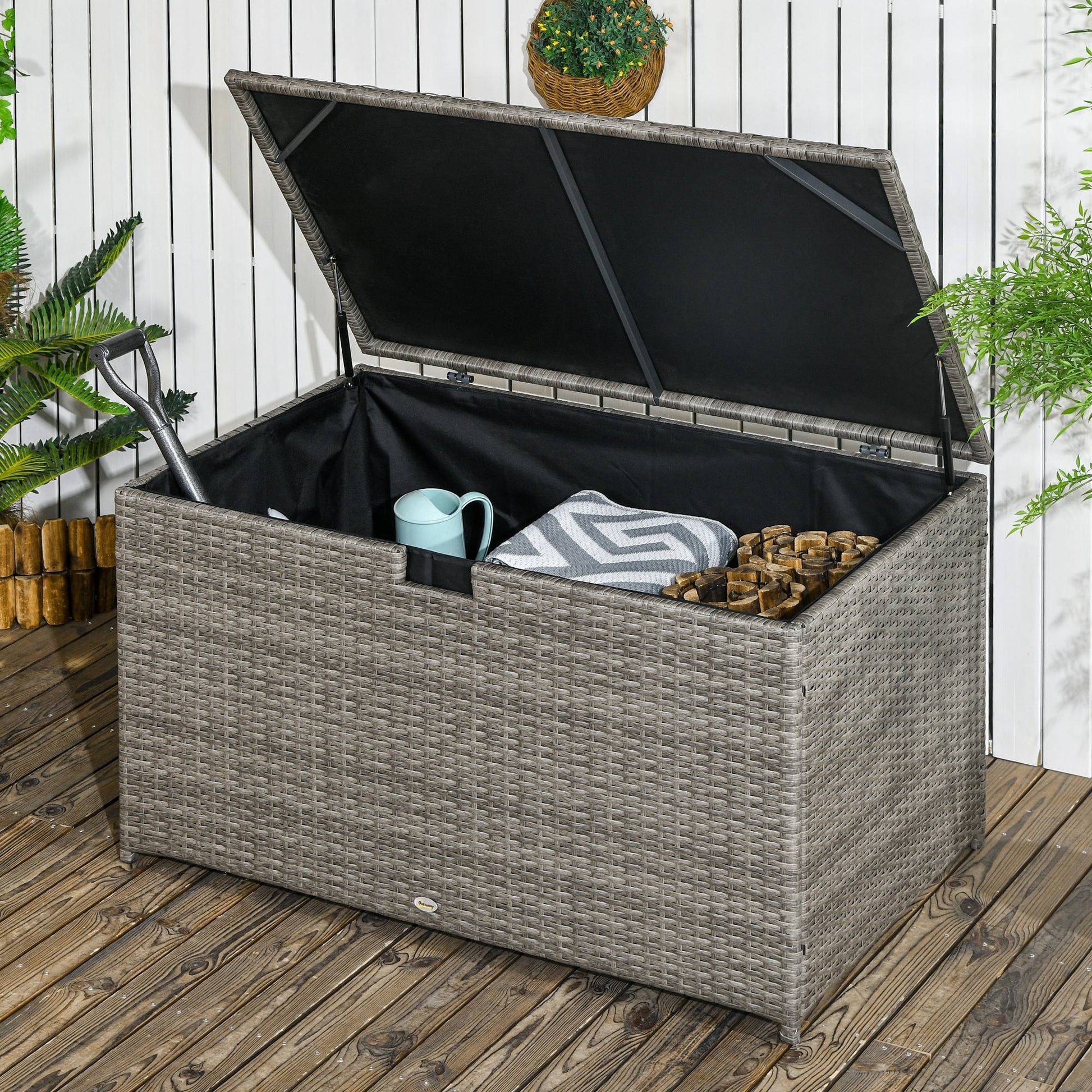 Outsunny 113 Gallon Deck Box, Rattan Outdoor Storage Box, Waterproof Storage Container For Indoor, Patio Furniture Cushions, Pool Toys, Garden Tools, Gray Grey Steel