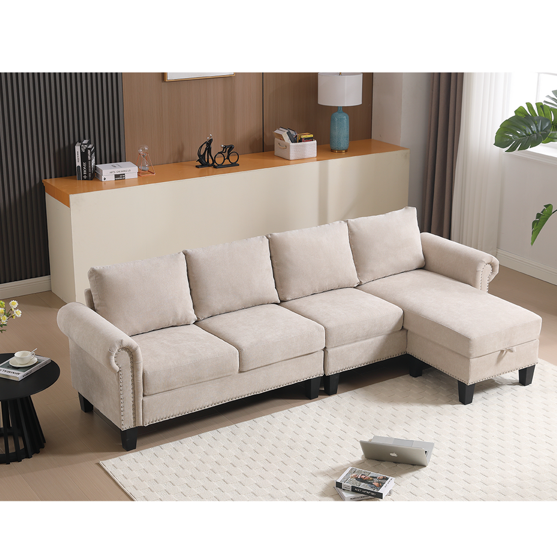 Arrived Convertible Sectional Sofa With Storage,L Shaped Sofa,Four Seater Sofa,Modern Linen Fabric Sectional Couches For Living Room, Beige Beige Polyester Wood Primary Living Space Medium Soft Cushion Back Modern Wood 4 Seat