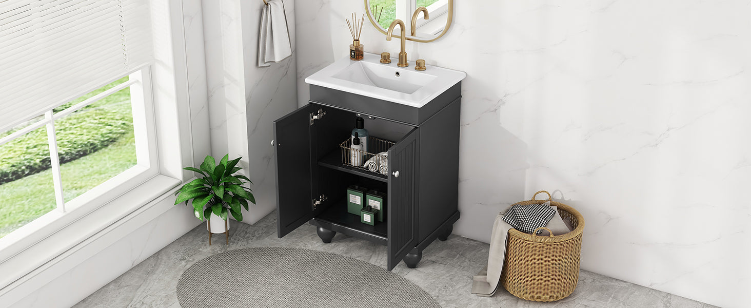24" Black Modern Sleek Bathroom Vanity Elegant Ceramic Sink With Solid Wood Frame, Adjustable Shelf Black Solid Wood Mdf