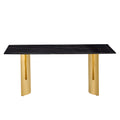 Table And Chair Set.The Table Has A Glass Top With Imitation Marble Pattern Stickers And Stainless Steel Golden Legs. Paried With Chairs With Pu Artificial Leather Backrest Cushions And Black Legs. Black Gold Seats 8 Glass Metal