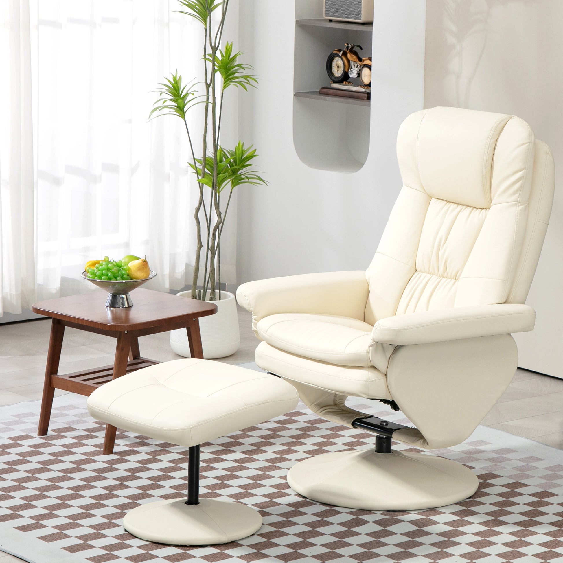 Homcom Swivel Recliner With Ottoman, Pu Leather Reclining Chair With Ottoman, Upholstered Recliner And Footrest With Wrapped Base For Living Room, Bedroom And Home Office, Cream White Cream White Faux Leather