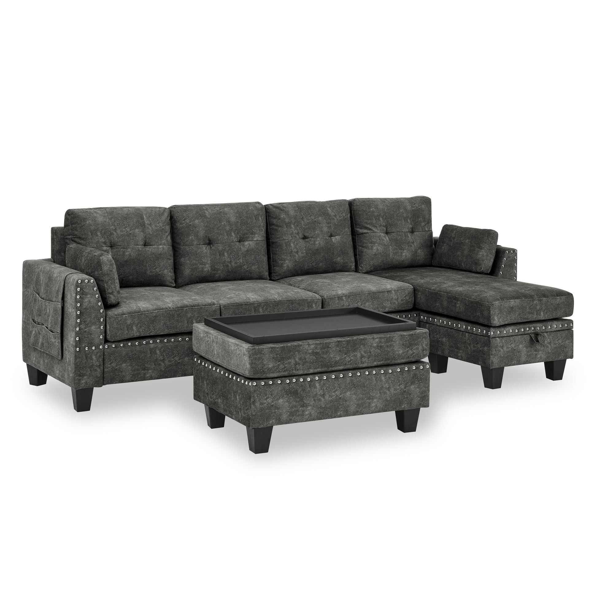 Sectional 3 Seaters Sofa ,Double Sided Multi Functional Footstool, Storage Matnon Slip Leg, Two Pillows, Velvet, Dark Grey Dark Grey Velvet 3 Seat