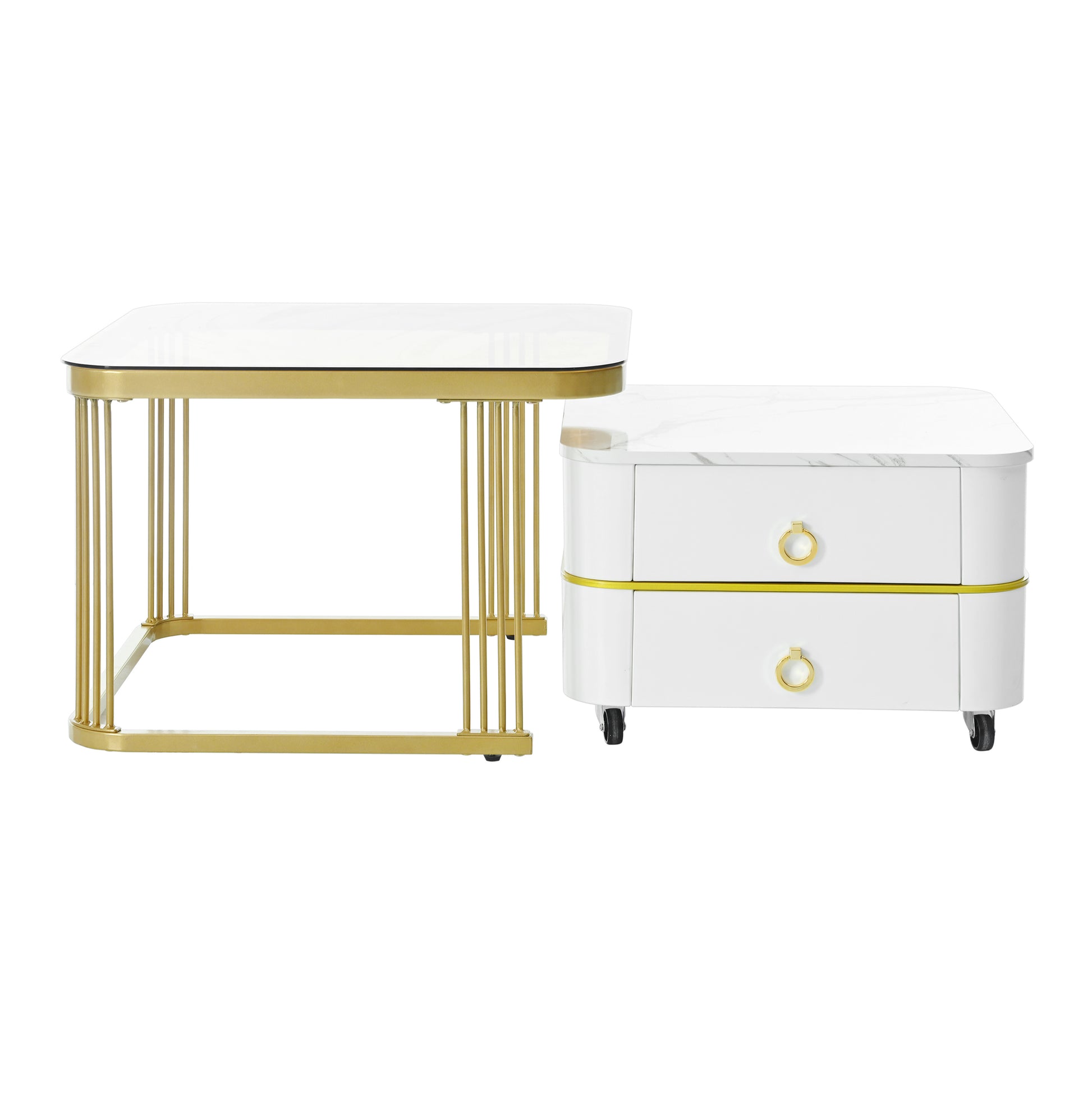 2 In 1 Square Nesting Coffee Table With Wheels & Drawers, Stackable Side Table With High Gloss Marble Grain Top, End Table Set With Brown Tempered Glass For Living Room, White White Gold Primary Living Space Drawers Square Mdf Steel